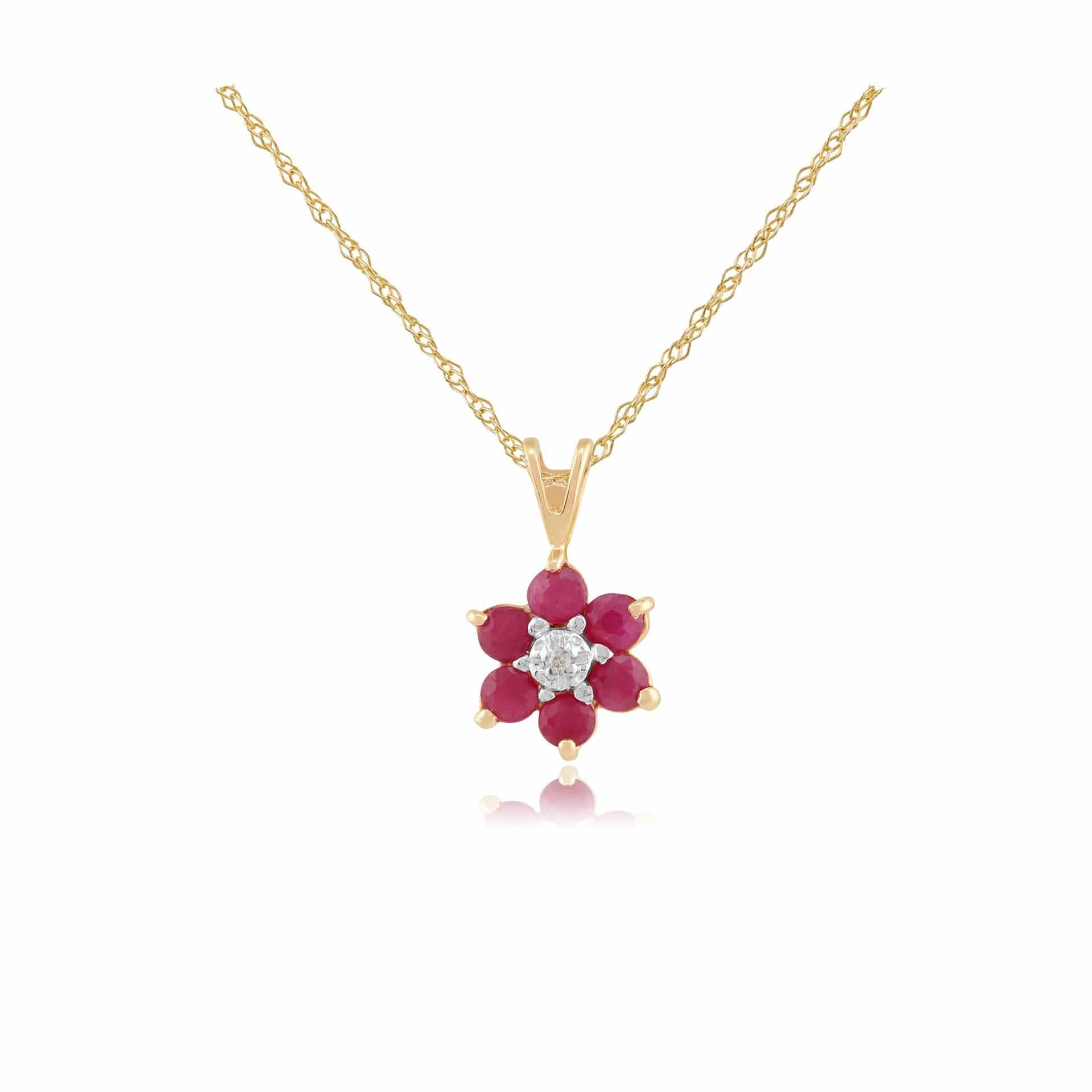 10498 Floral Round Ruby & Diamond Cluster Pendant in 9ct Yellow Gold 1