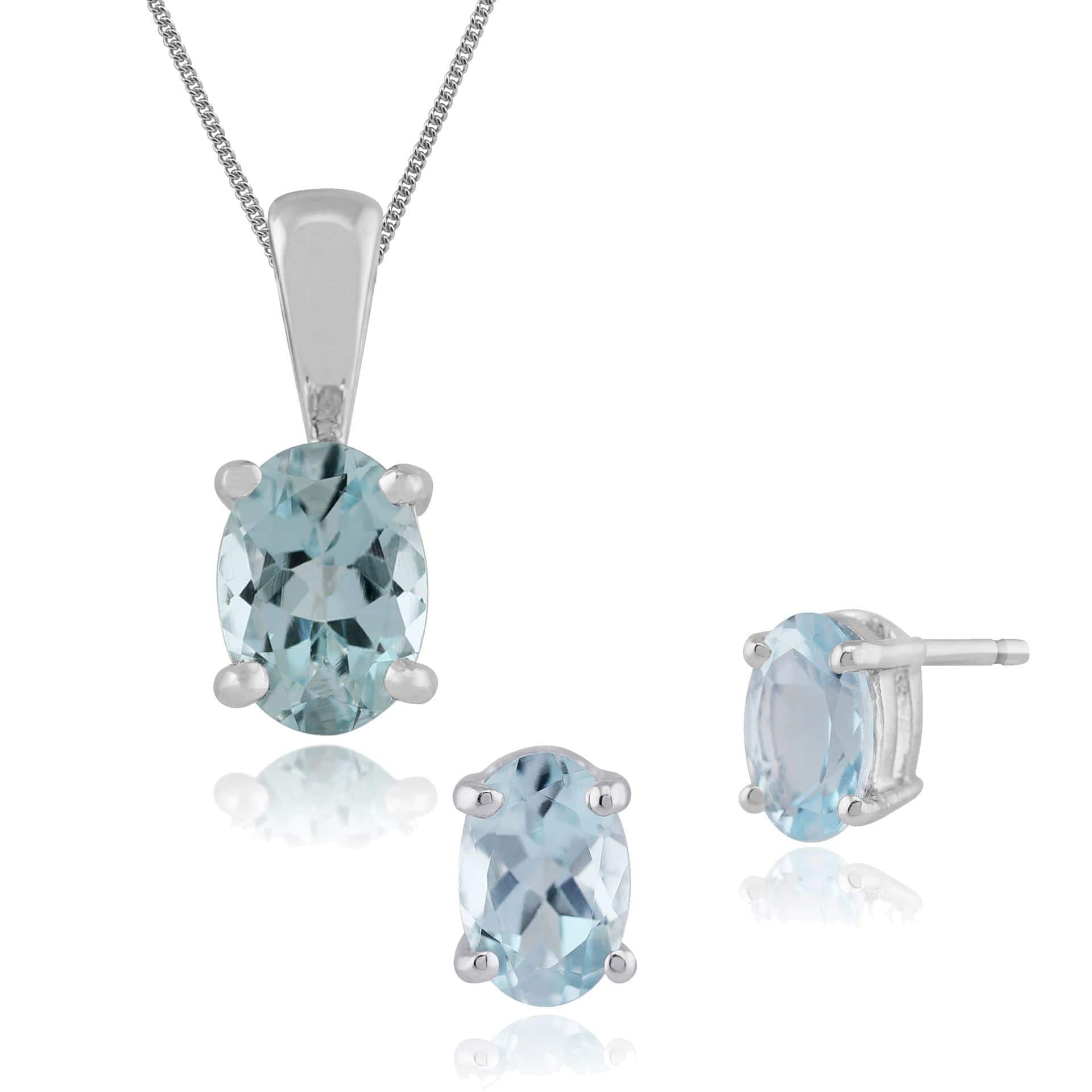 8568-10836 Classic Oval Aquamarine Single Stone Stud Earrings & Pendant Set in 9ct White Gold 1