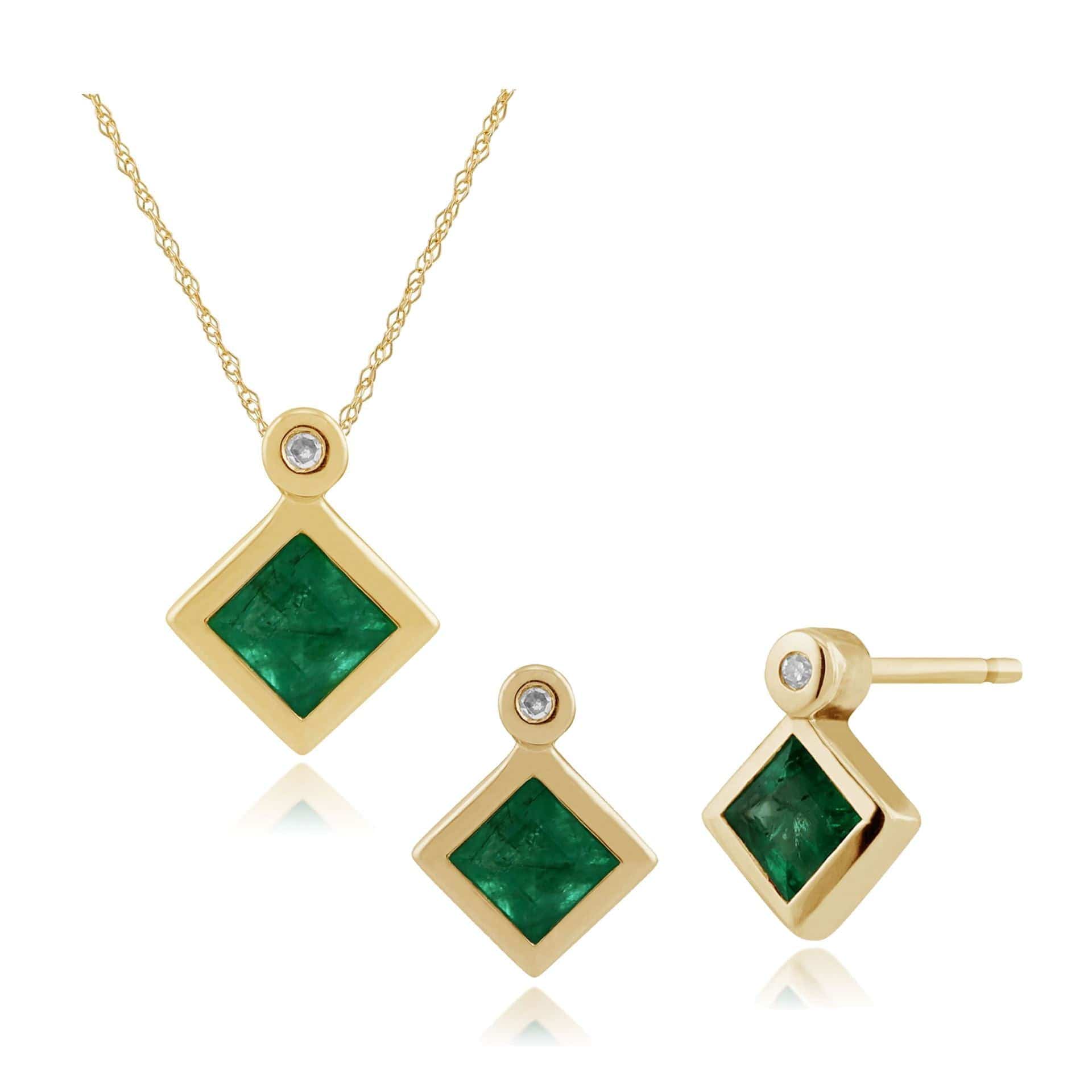 135E1224019-135P1584019 Classic Square Emerald & Diamond Stud Earrings & Pendant Set in 9ct Gold 1