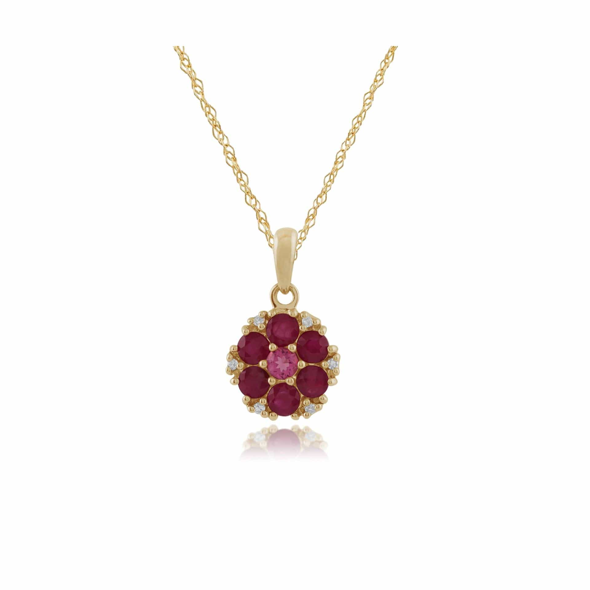 135P1472029 Floral Round Ruby, Pink Tourmaline & Diamond Pendant in 9ct Yellow Gold 1