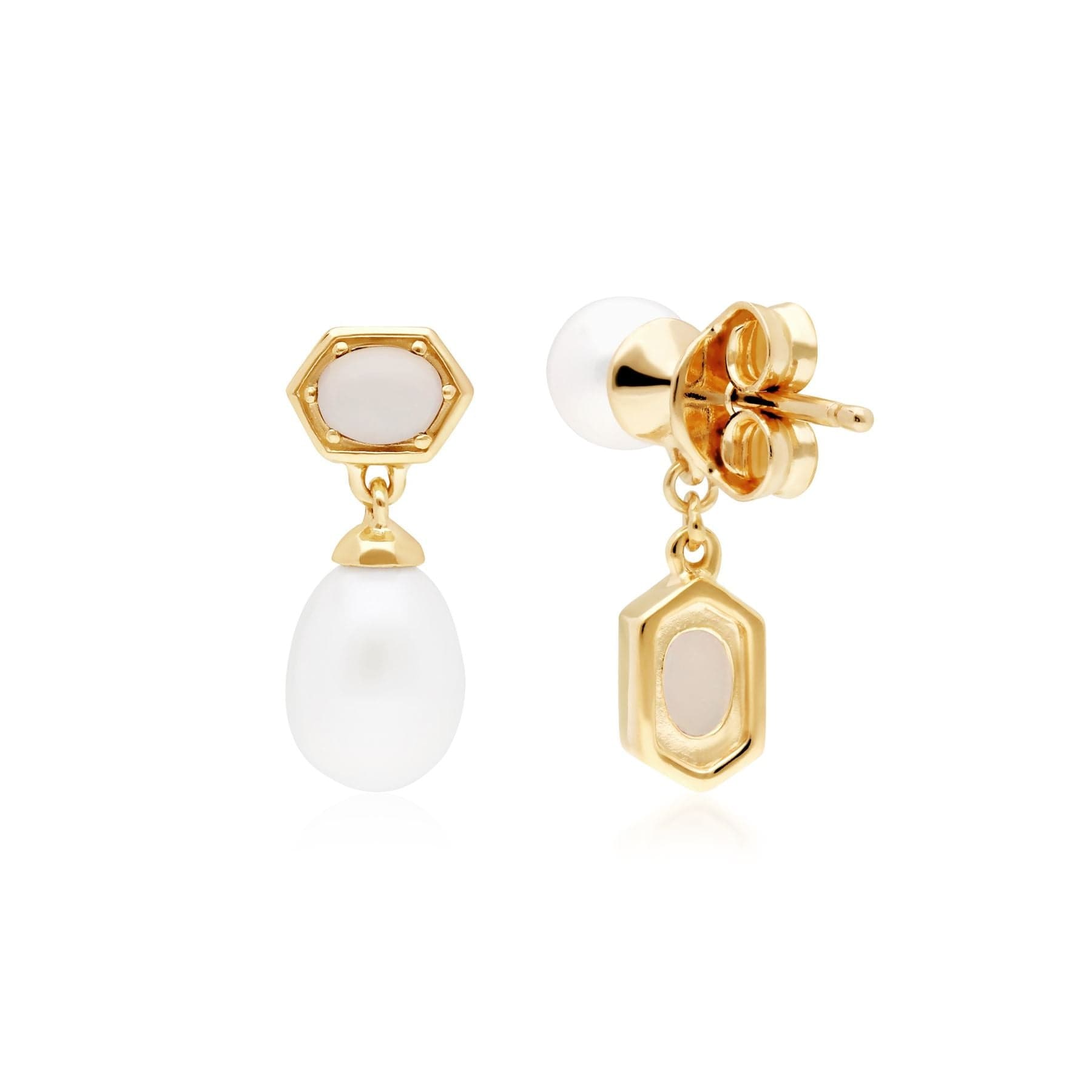 270E030601925 Modern Pearl & Opal Mismatched Drop Earrings in Gold Plated Silver 3