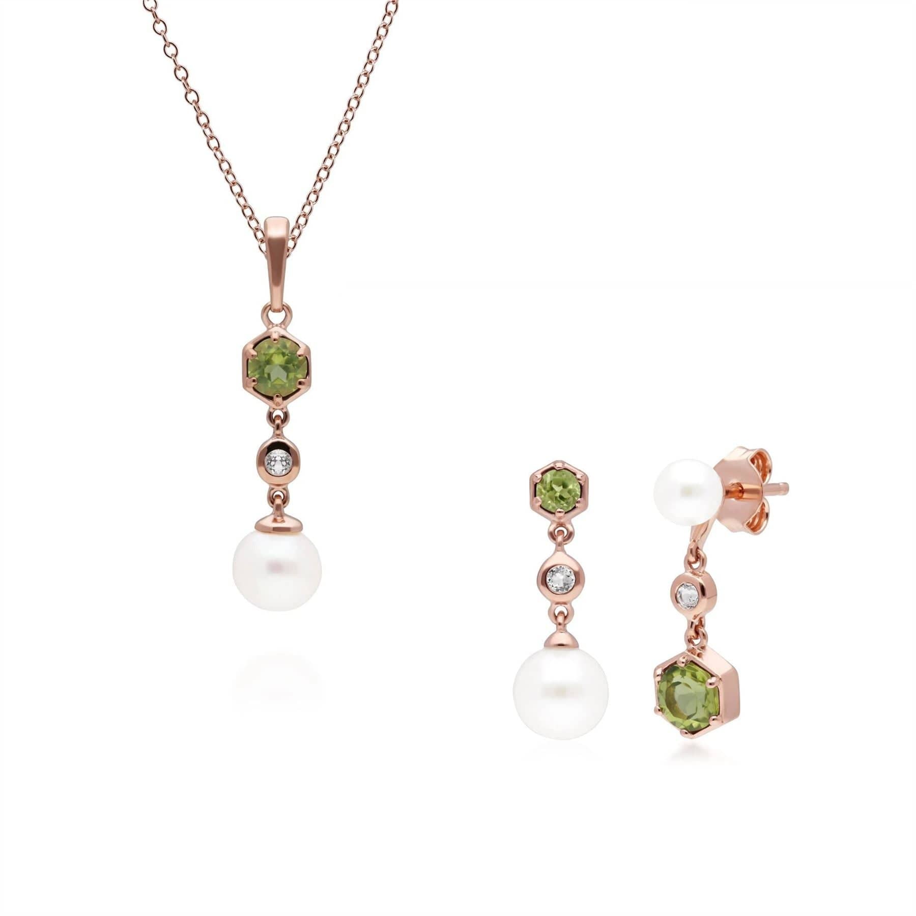 270P030306925-270E030306925 Modern Pearl, Peridot & Topaz Pendant & Earring Set in Rose Gold Plated Silver 1