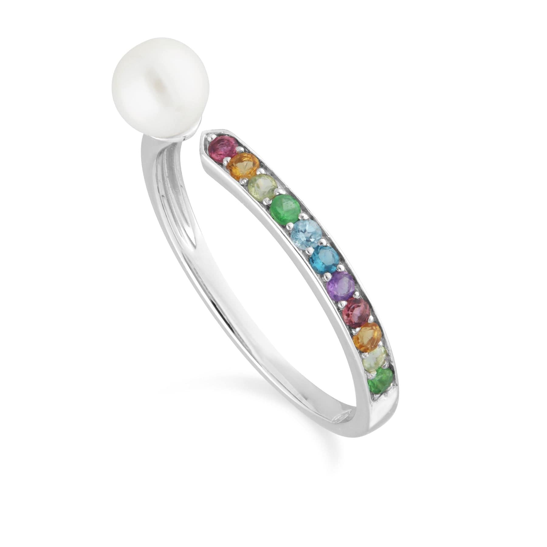 270R060901925 Rainbow Gems & Pearl Open Ring in Sterling Silver 1