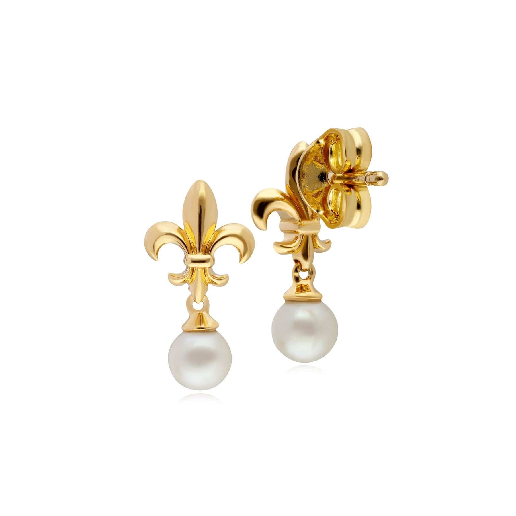 133E4118019 ECFEW™ Pearl Fleur De Lis Drop Earrings In 9ct Yellow Gold 4