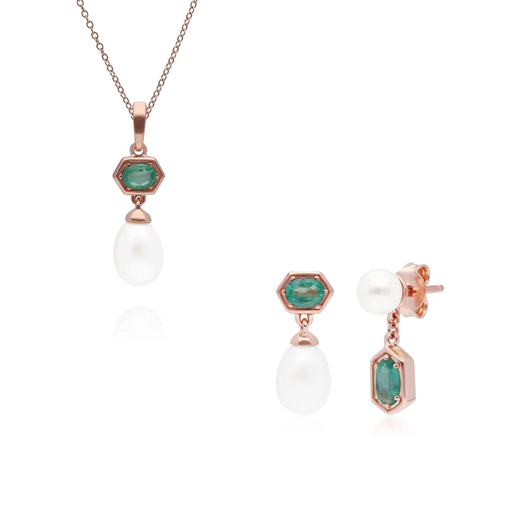 270P030403925-270E030403925 Modern Pearl & Emerald Pendant & Earring Set in Rose Gold Plated Silver 1