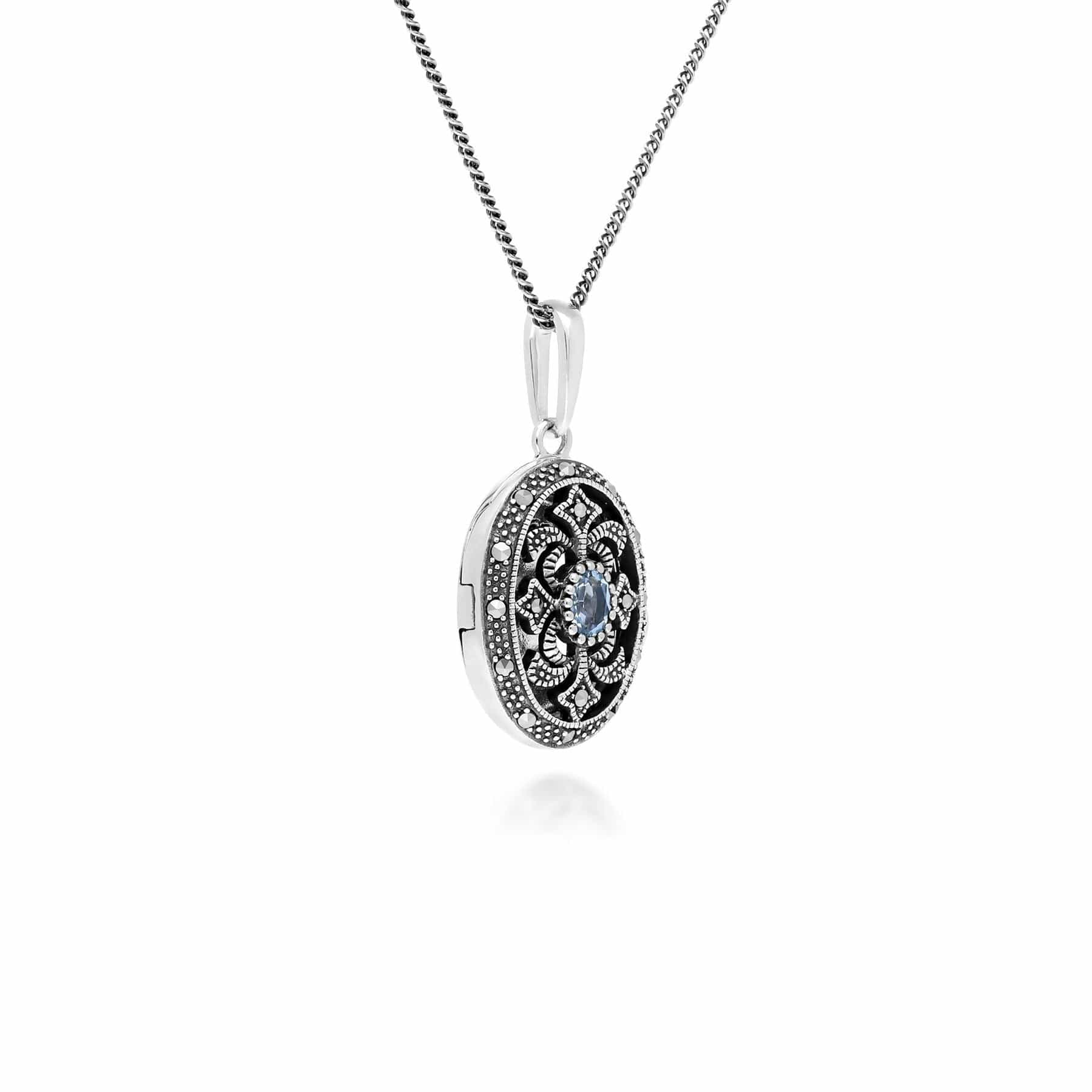 214N716208925 Art Nouveau Style Oval Topaz & Marcasite Locket Necklace in 925 Sterling Silver 2