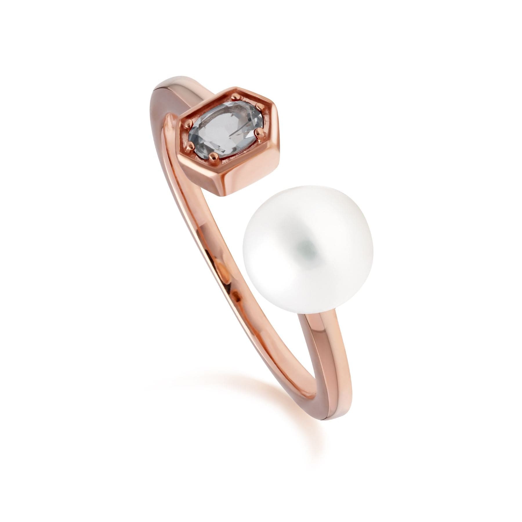 Modern Pearl & Aquamarine Open Ring in Rose Gold Plated Sterling Silver