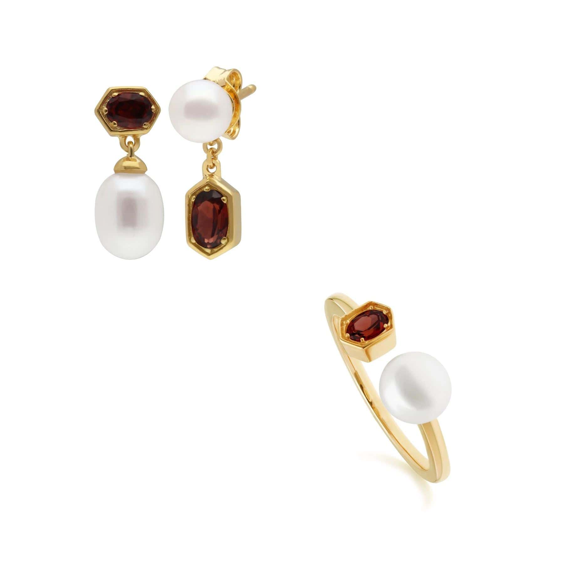 270E030207925-270R058708925 Modern Pearl & Garnet Earring & Ring Set in Gold Plated Silver 1