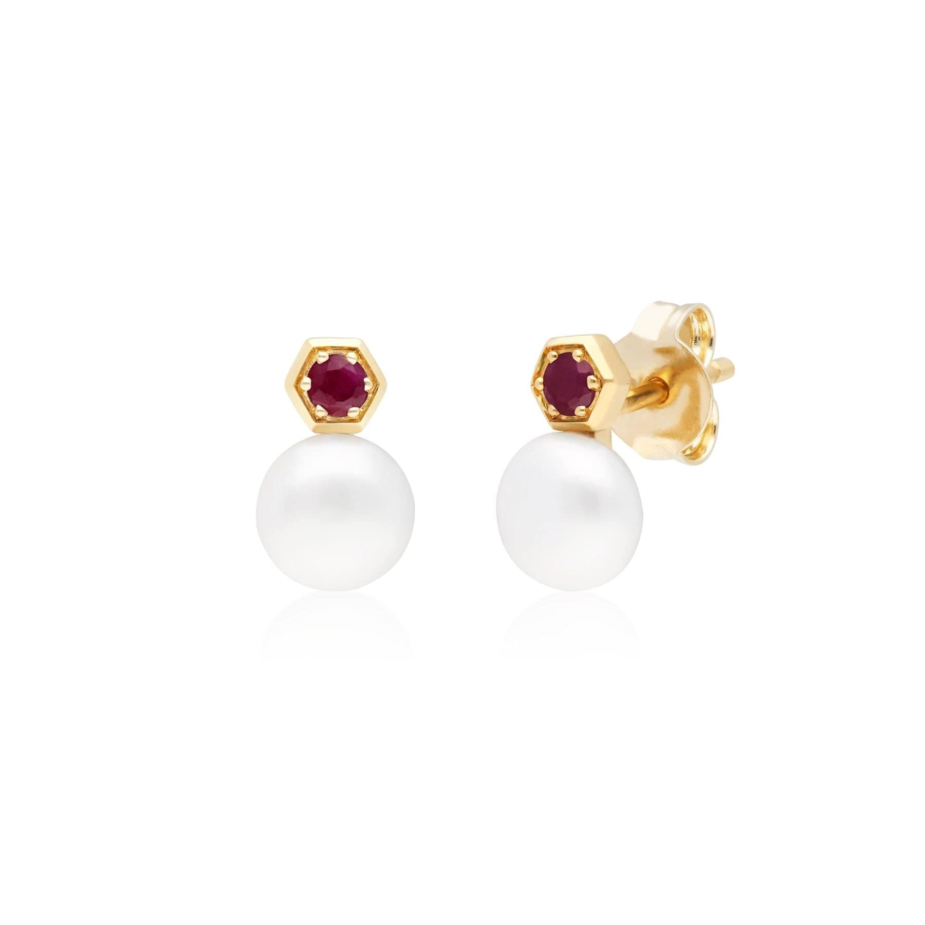 135E1633029 Modern Pearl & Ruby Stud Earrings in 9ct Gold 1