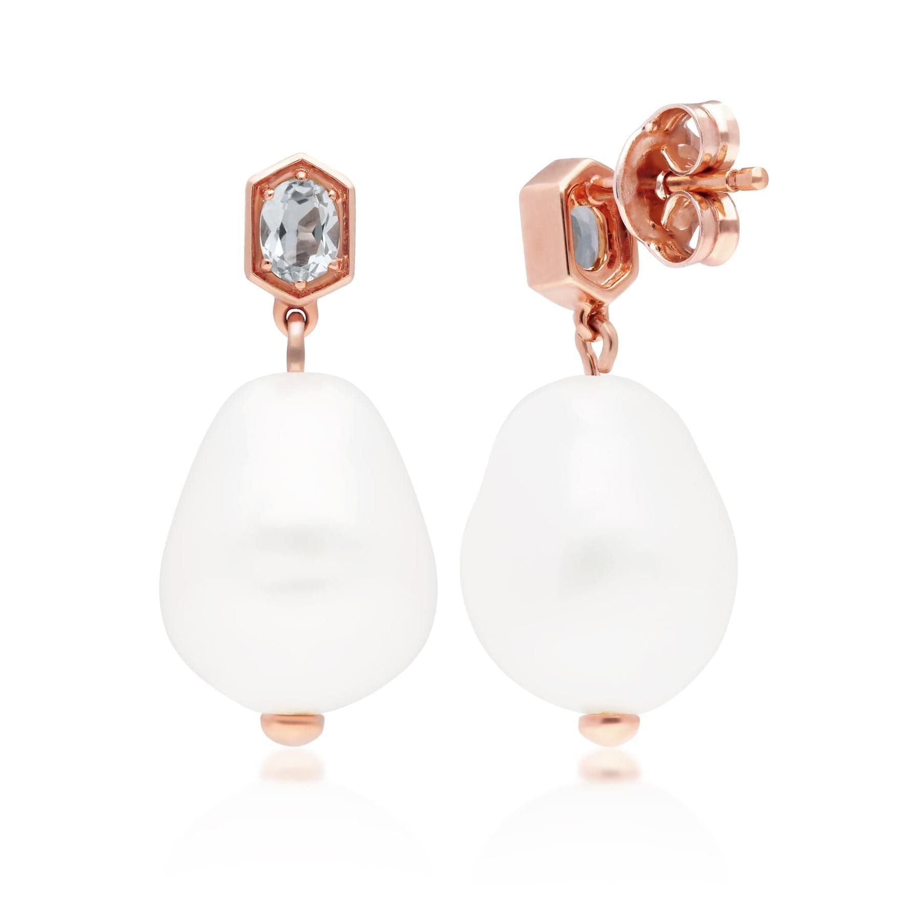 Modern Baroque Pearl & Aquamarine Drop Earrings in Rose Gold Plated Sterling Silver