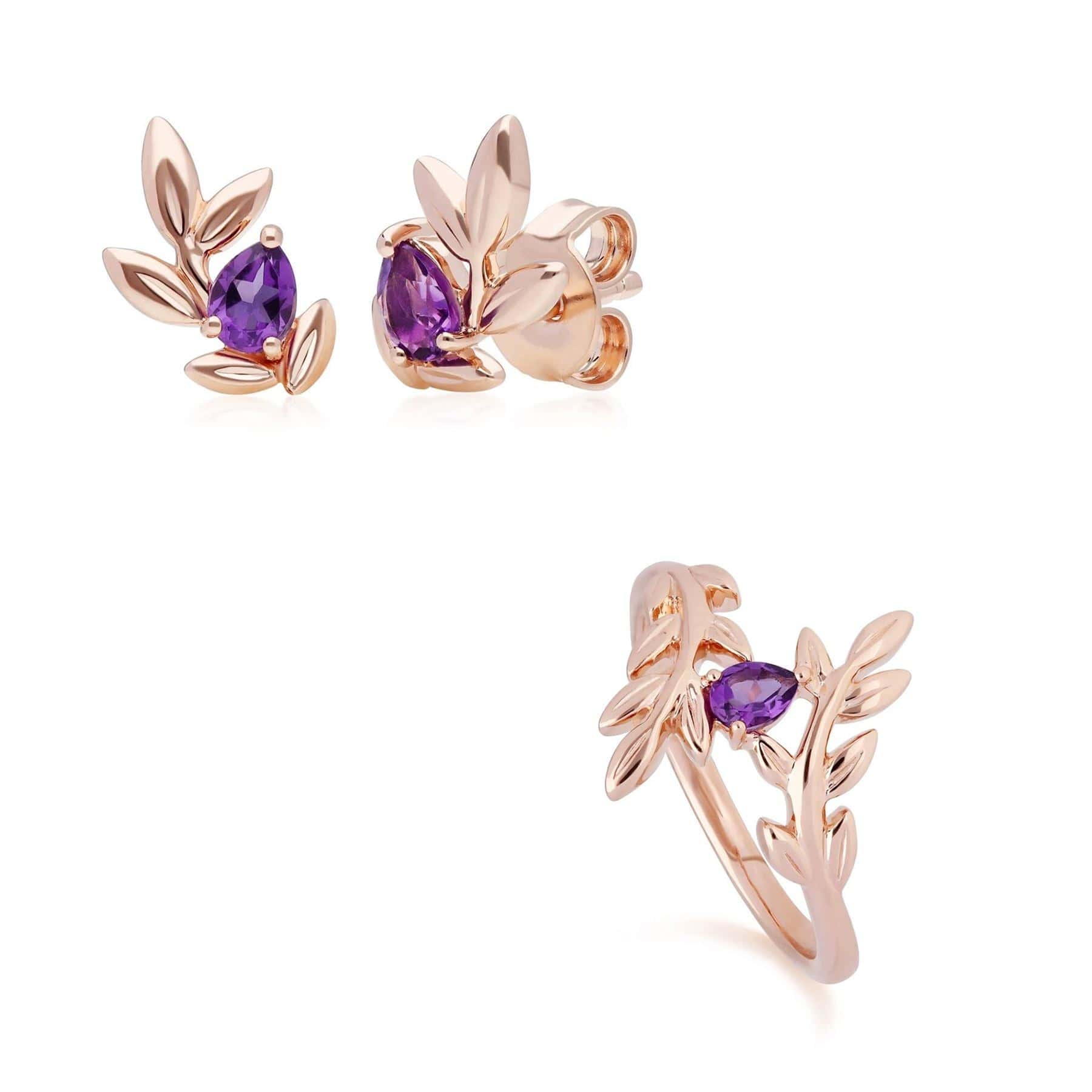 135E1642019-135R1862019 O Leaf Amethyst Stud Earring & Ring Set in 9ct Rose Gold 1
