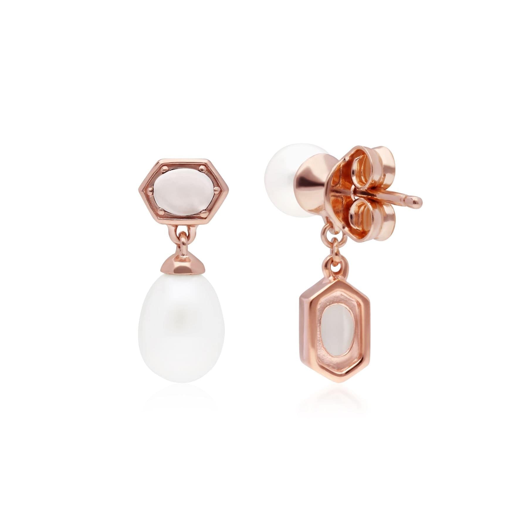 270E031002925 Modern Pearl & Moonstone Mismatched Drop Earrings in Rose Gold Plated Silver 2