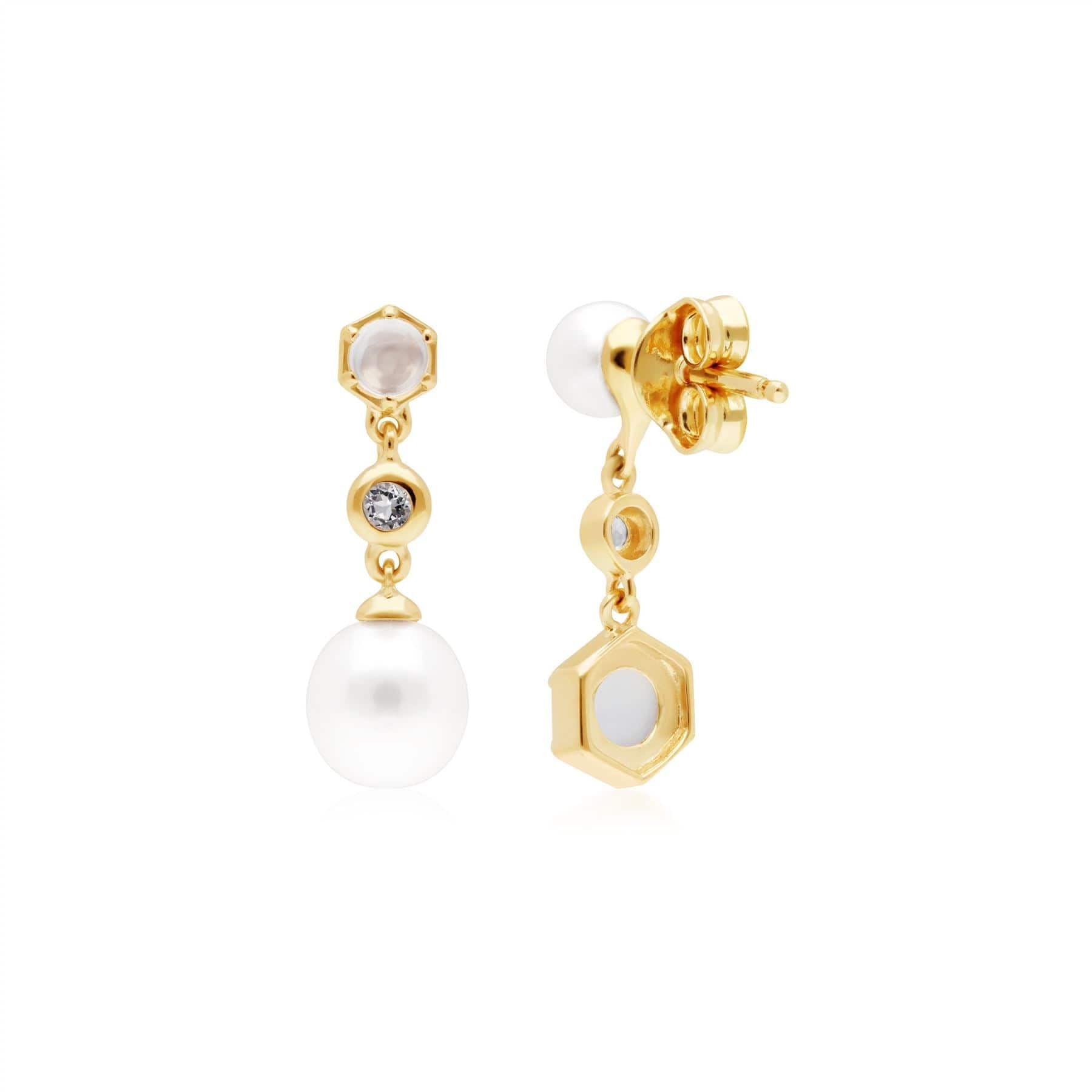 270E030702925 Modern Pearl, Moonstone & Topaz Mismatched Drop Earrings in Gold Plated Silver 3