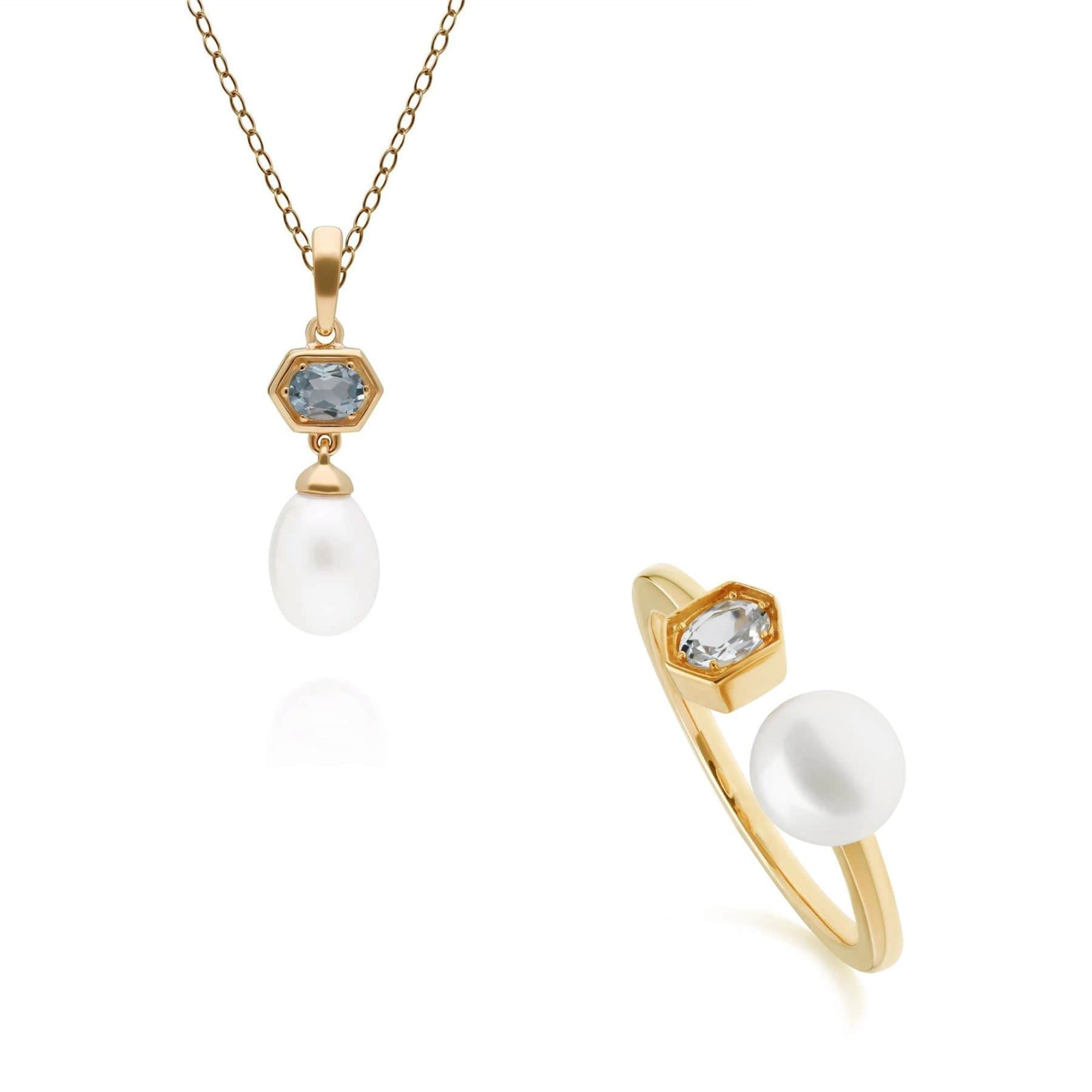270P030204925-270R058705925 Modern Pearl & Aquamarine Pendant & Ring Set in Gold Plated Silver 1