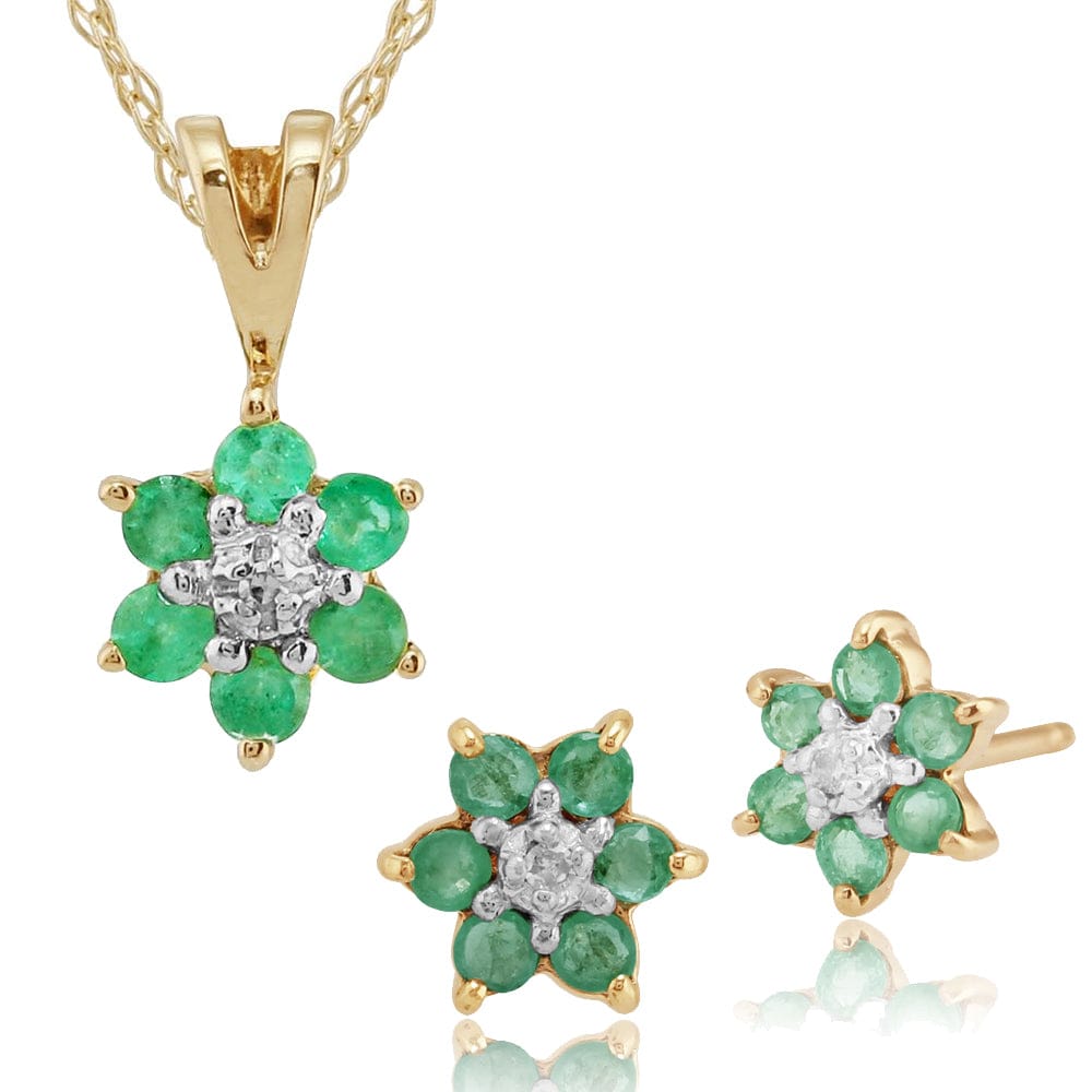 10192-10447 Floral Round Emerald & Diamond Cluster Stud Earrings & Pendant Set in 9ct Yellow Gold 1