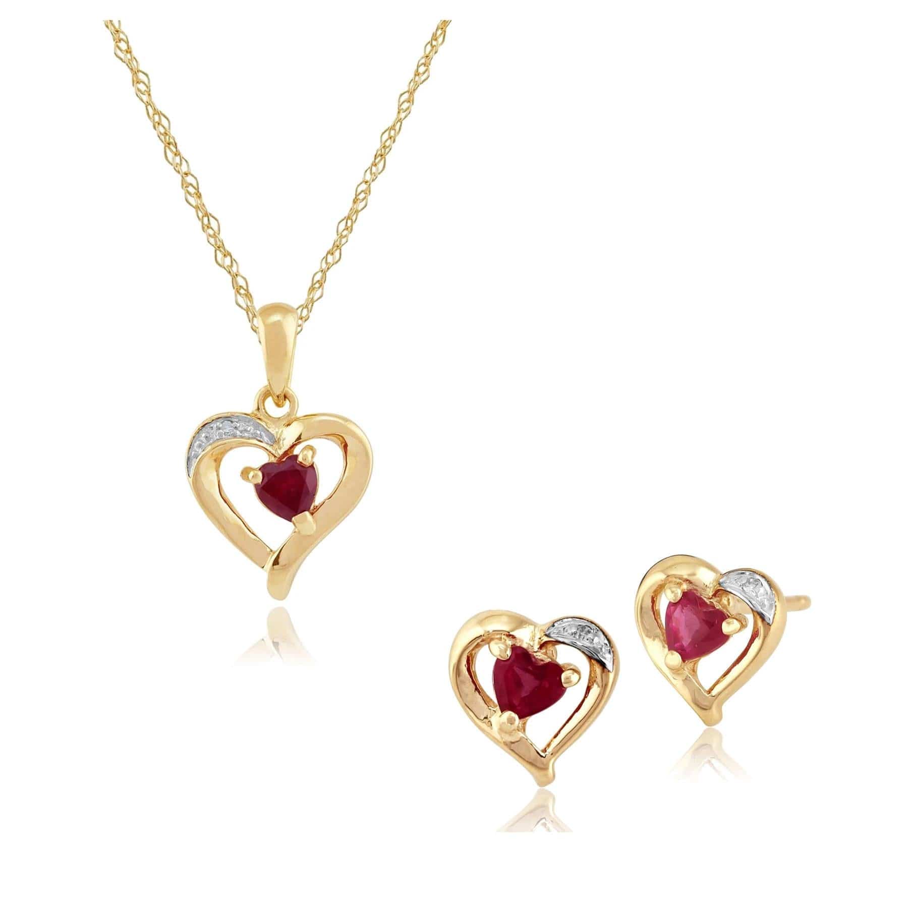 10295-10916 Classic Heart Ruby & Diamond Heart Stud Earrings & Pendant Set in 9ct Gold 1