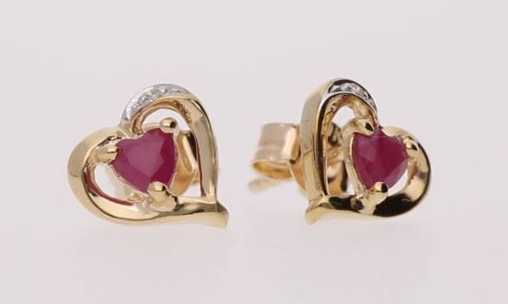 10295 Classic Heart Ruby & Diamond Stud Earrings in 9ct Yellow Gold 3