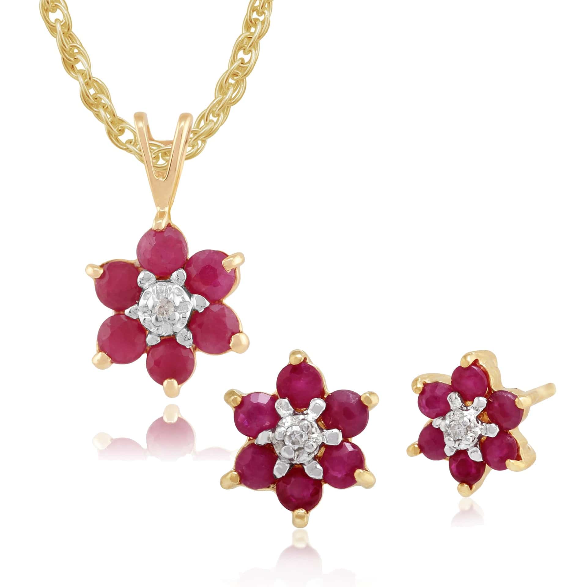 10498-10190 Floral Round Ruby & Diamond Flower Cluster Stud Earrings & Pendant Set in 9ct Yellow Gold 1