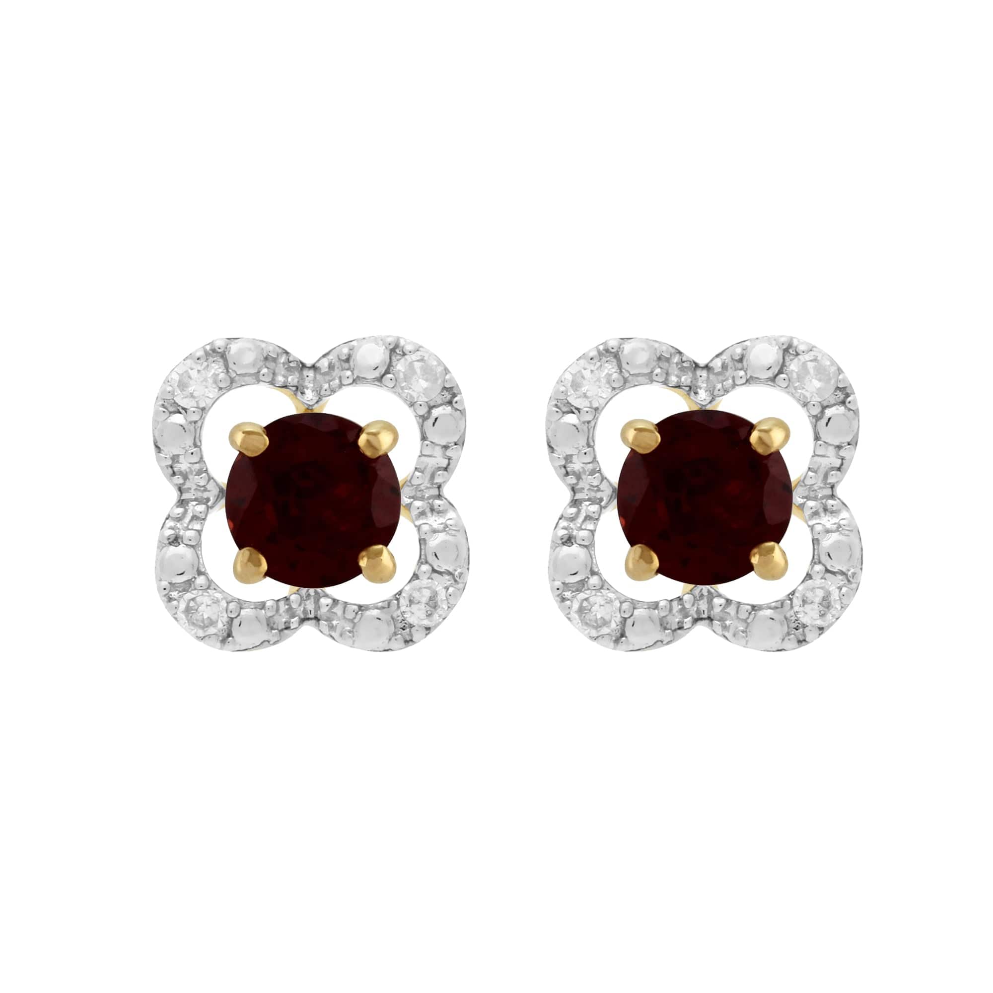 11568-191E0375019 Classic Round Garnet Stud Earrings with Detachable Diamond Floral Ear Jacket in 9ct Yellow Gold 1