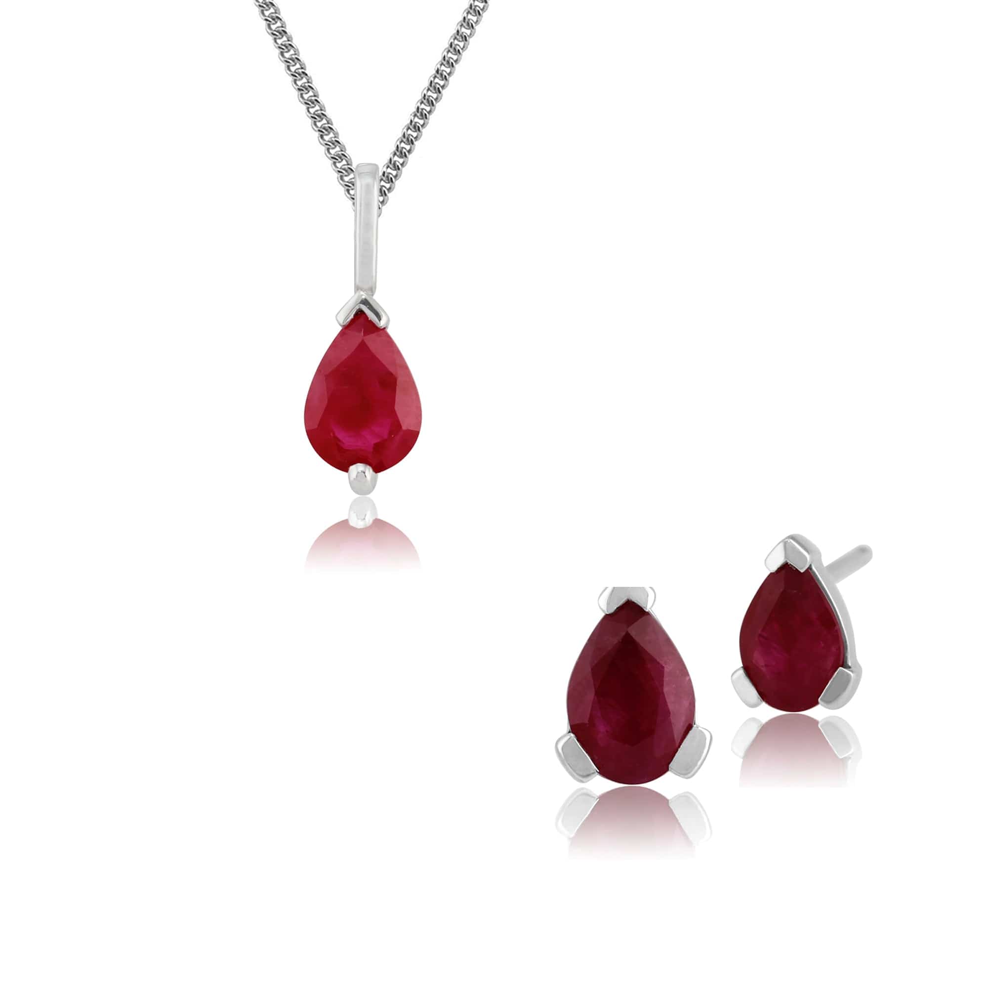 117E0027069-123P0256129 Classic Pear Ruby Single Stone Stud Earrings & Pendant Set in 9ct White Gold 1