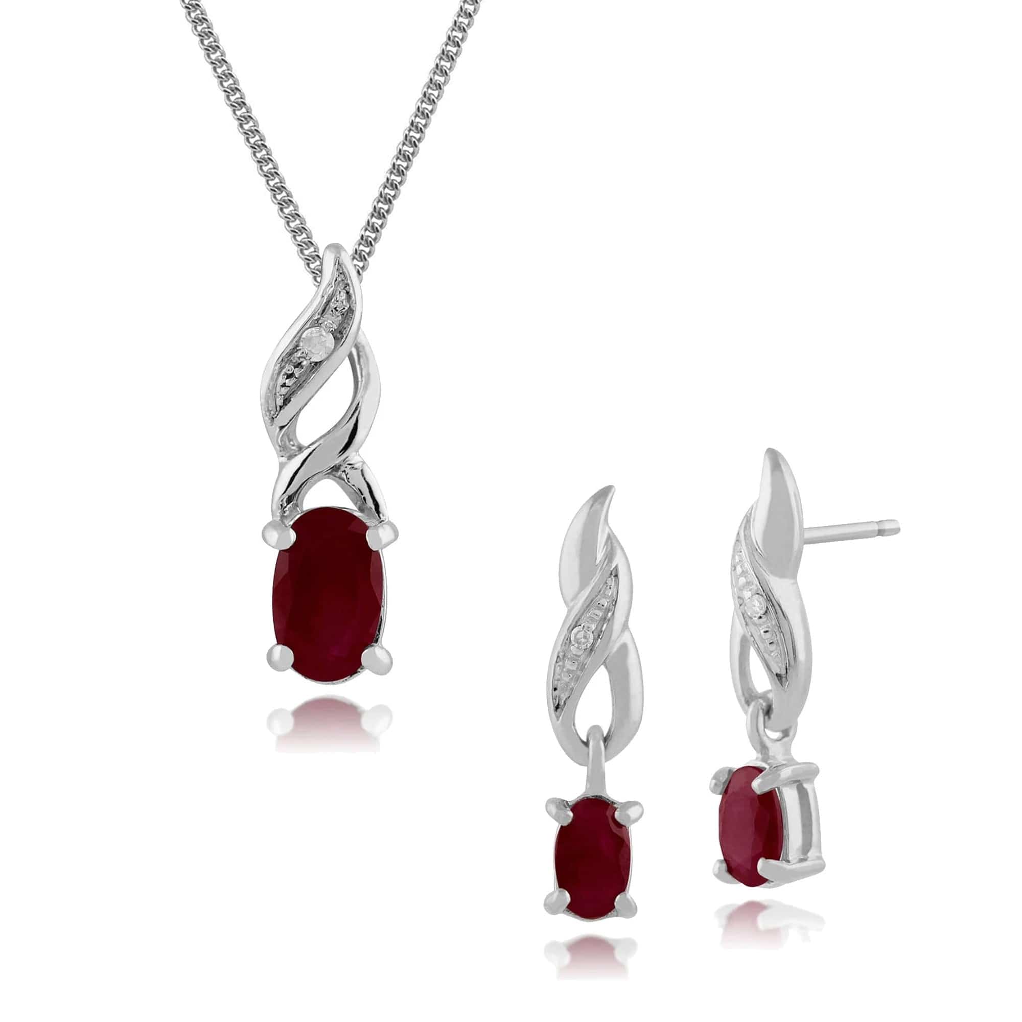 117E0108029-117P0104029 Classic Oval Ruby & Diamond Twist Drop Earrings & Pendant Set in 9ct White Gold 1