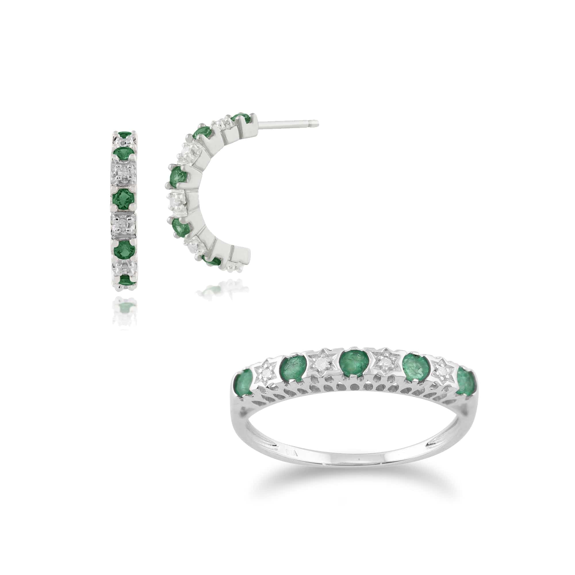 117E0112039-181R3122059 Classic Round Emerald & Diamond Half Hoop Earrings & Half Eternity Ring Set in 9ct White Gold 1