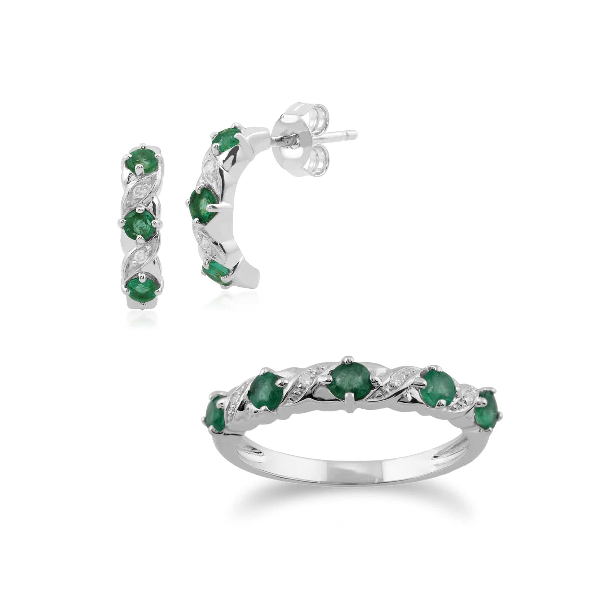 162E0238019-117R0070029 Classic Round Emerald & Diamond Half Hoop Earrings & Half Eternity Ring Set in 9ct White Gold 1