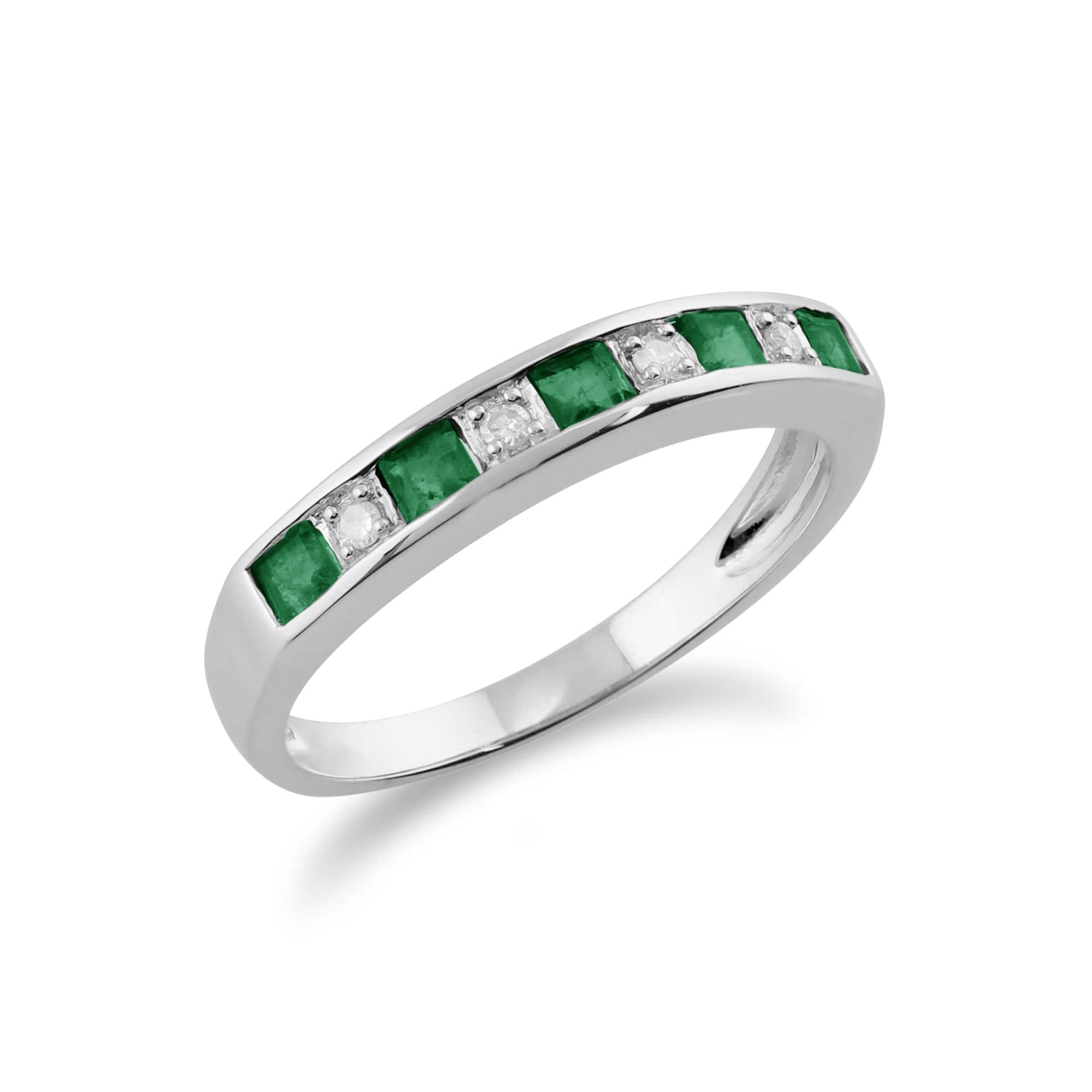 Classic Square Emerald & Diamond Half Eternity Ring 9ct White Gold - Gemondo