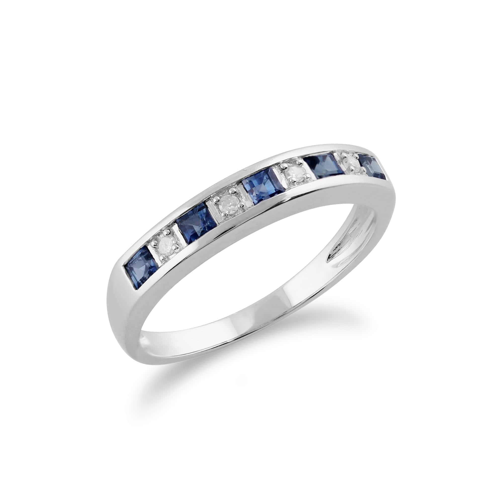 Classic Square Light Blue Sapphire & Diamond Half Eternity Ring in 9ct White Gold Side Image 