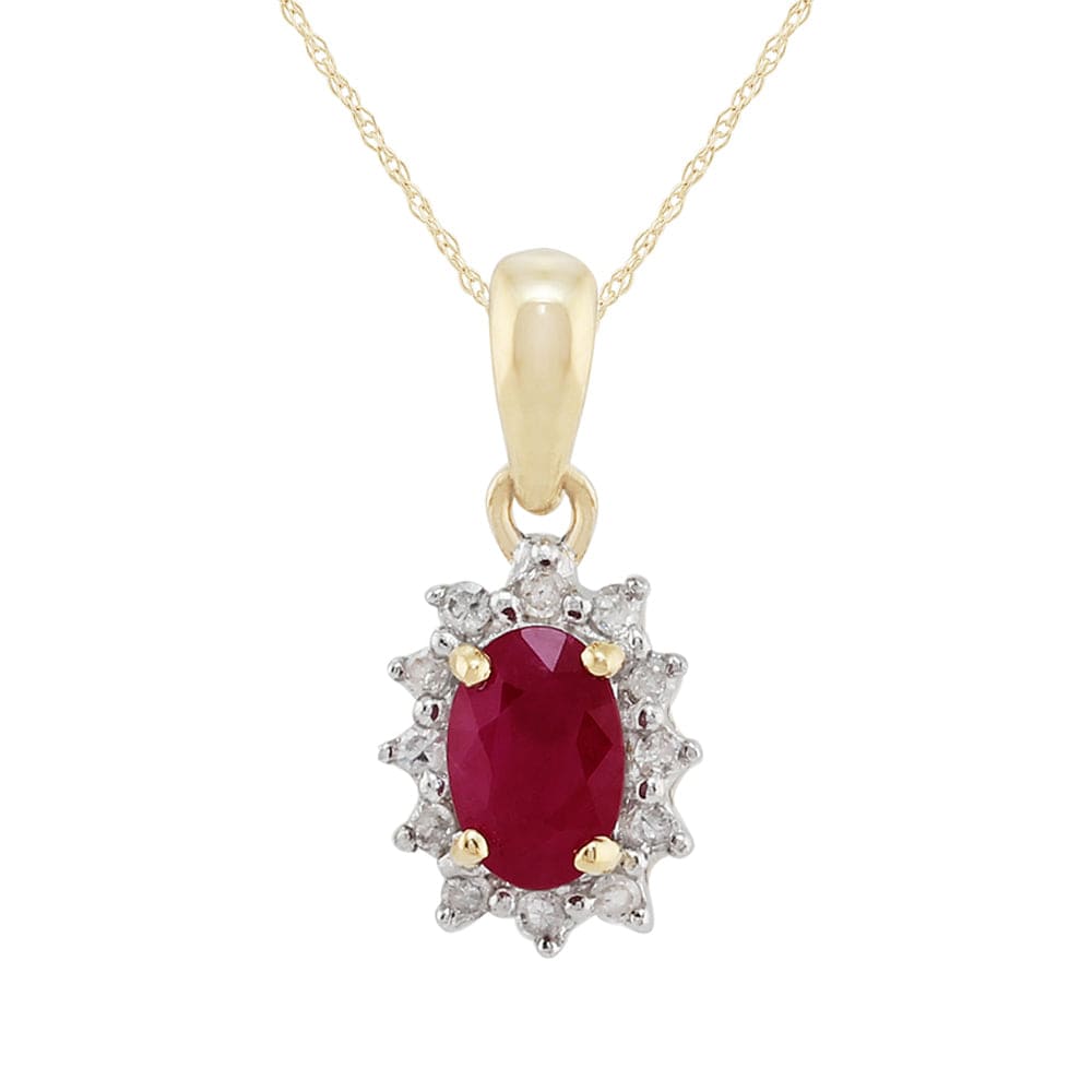 Classic Oval Ruby & Diamond Cluster Pendant in 9ct Yellow Gold - Gemondo