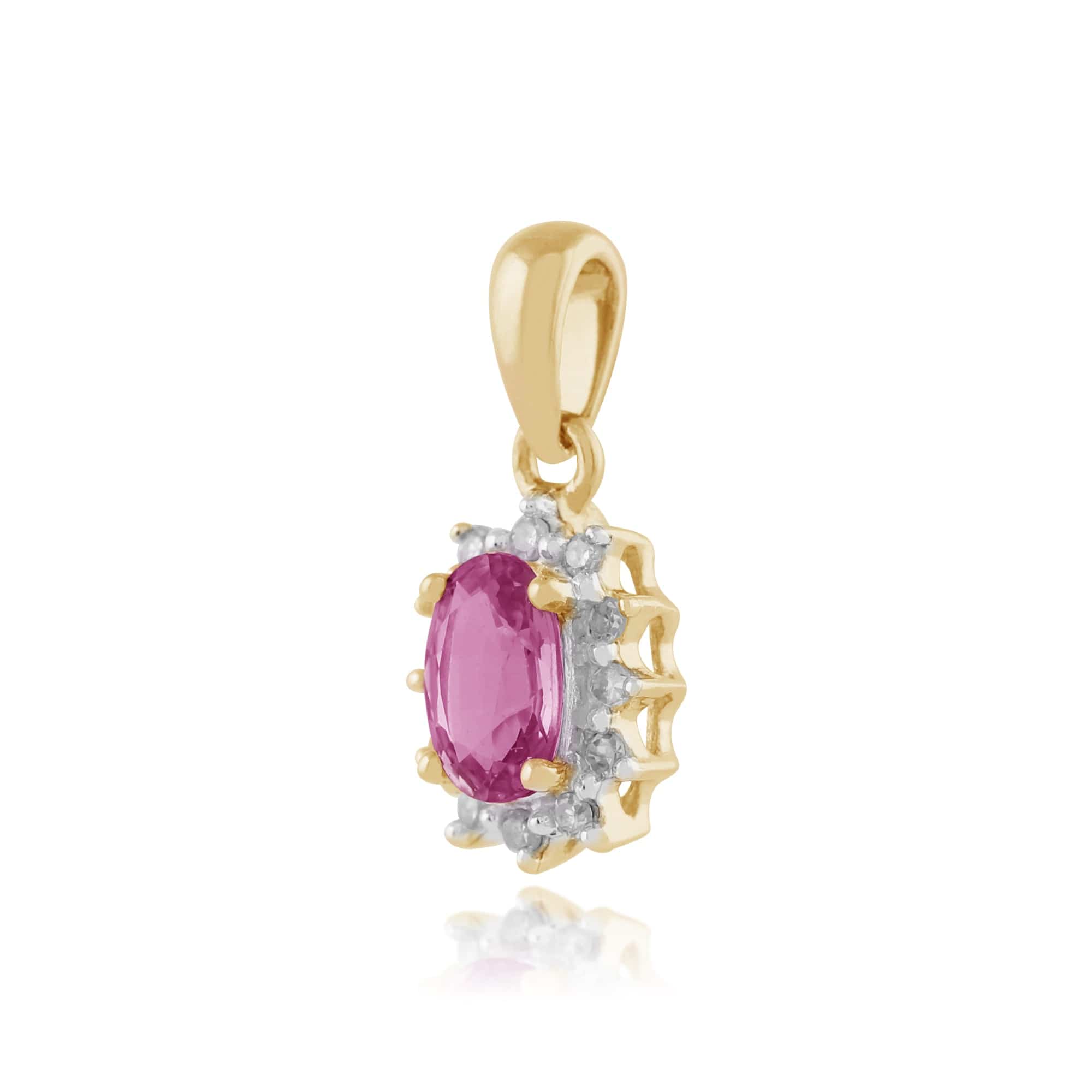 118P0120059 Classic Oval Pink Sapphire & Diamond Cluster Pendant in 9ct Yellow Gold 2