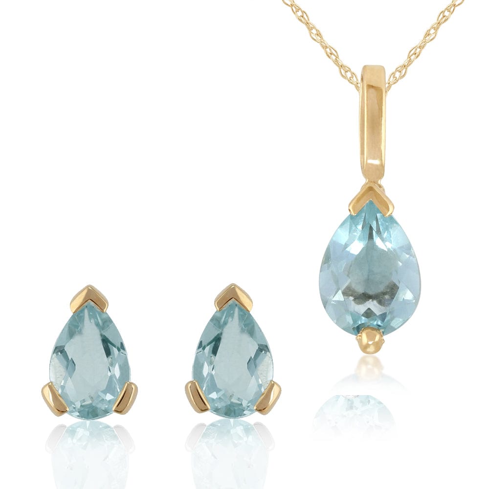 22450-22556 Classic Pear Aquamarine Single Stone Stud Earrings & Pendant Set in 9ct Gold 1