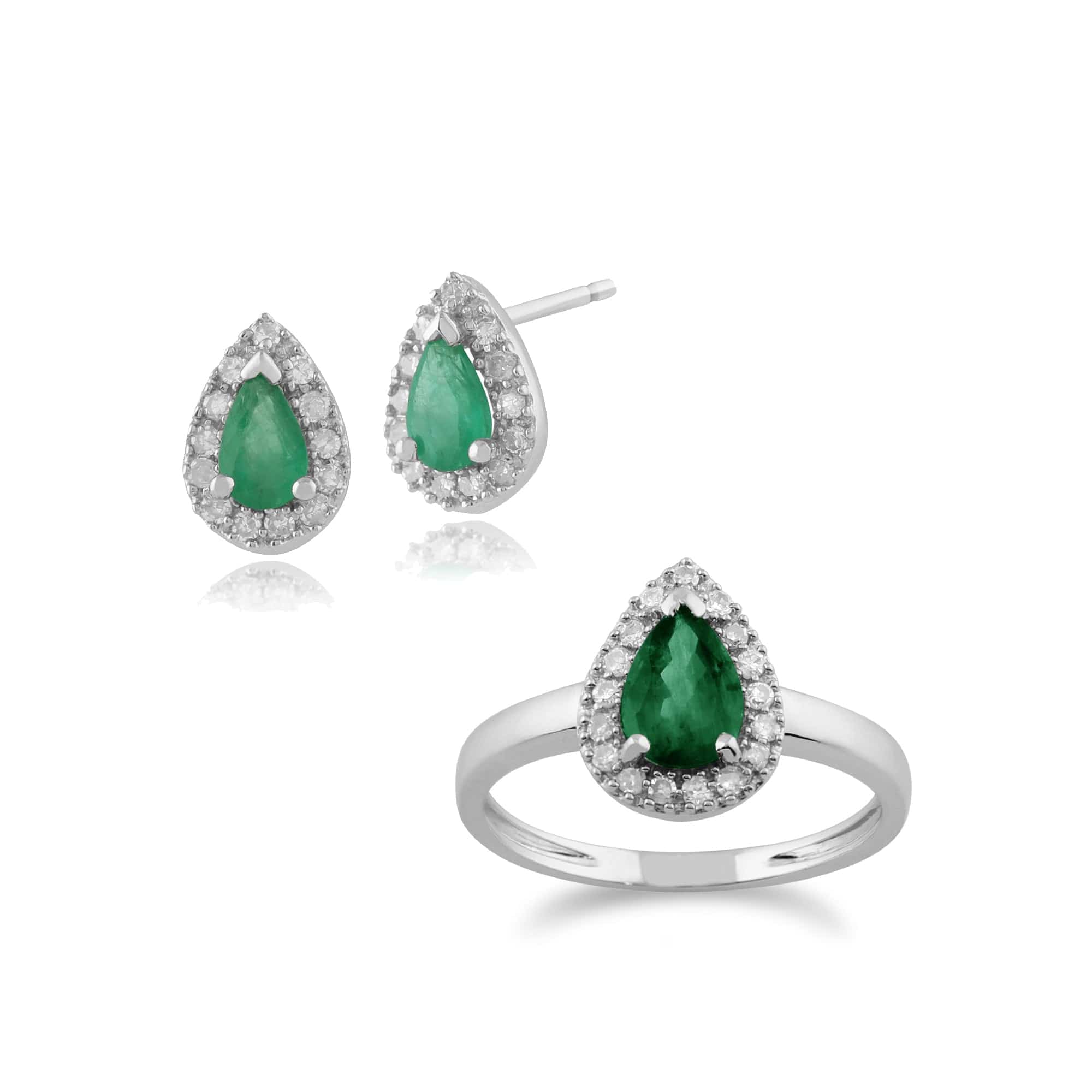 123E0693039-117R0164019 Classic Pear Emerald & Diamond Halo Stud Earrings & Ring Set in 9ct White Gold 1