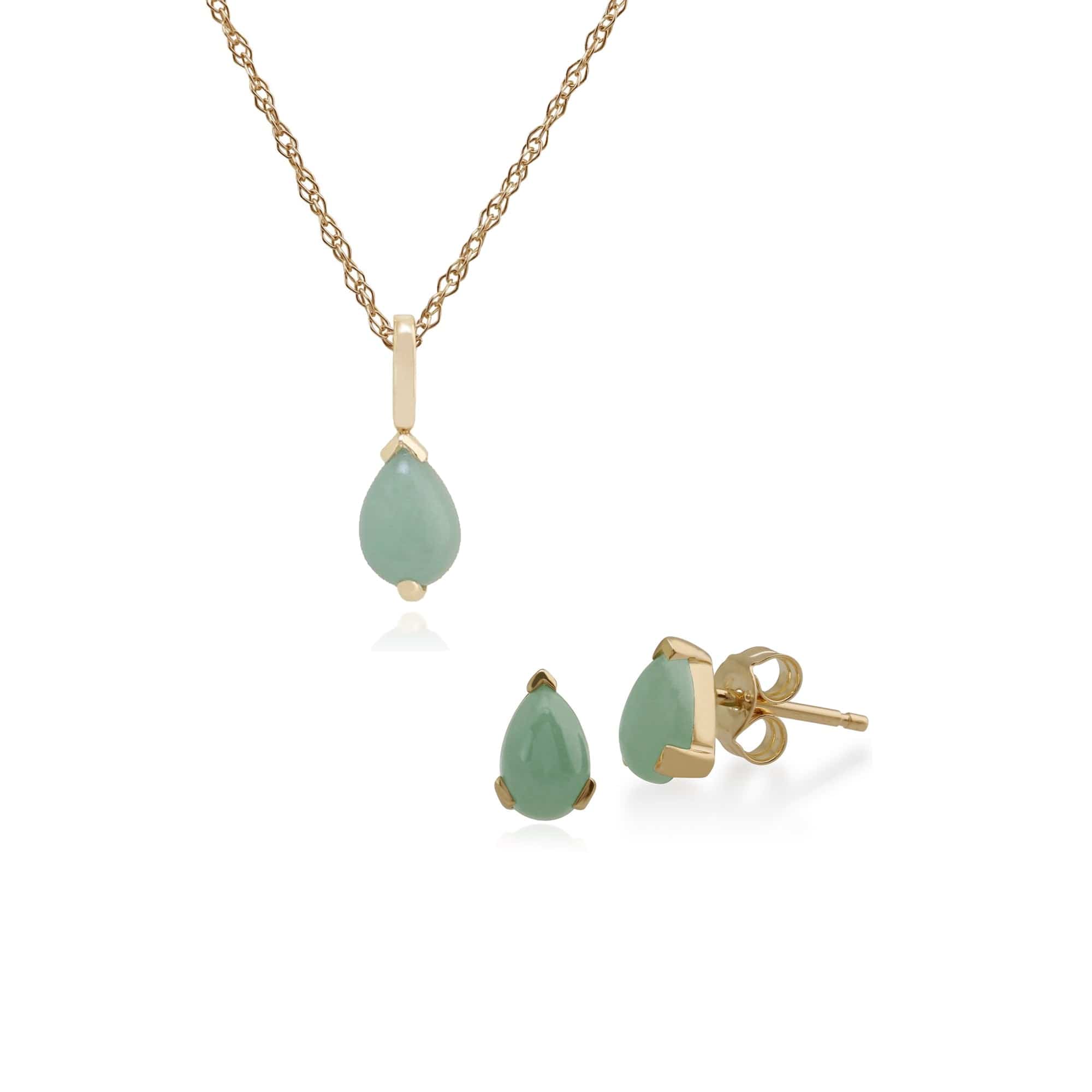 123E0606209-123P0117279 Classic Pear Jade Single Stone Stud Earrings & Pendant Set in 9ct Yellow Gold 1