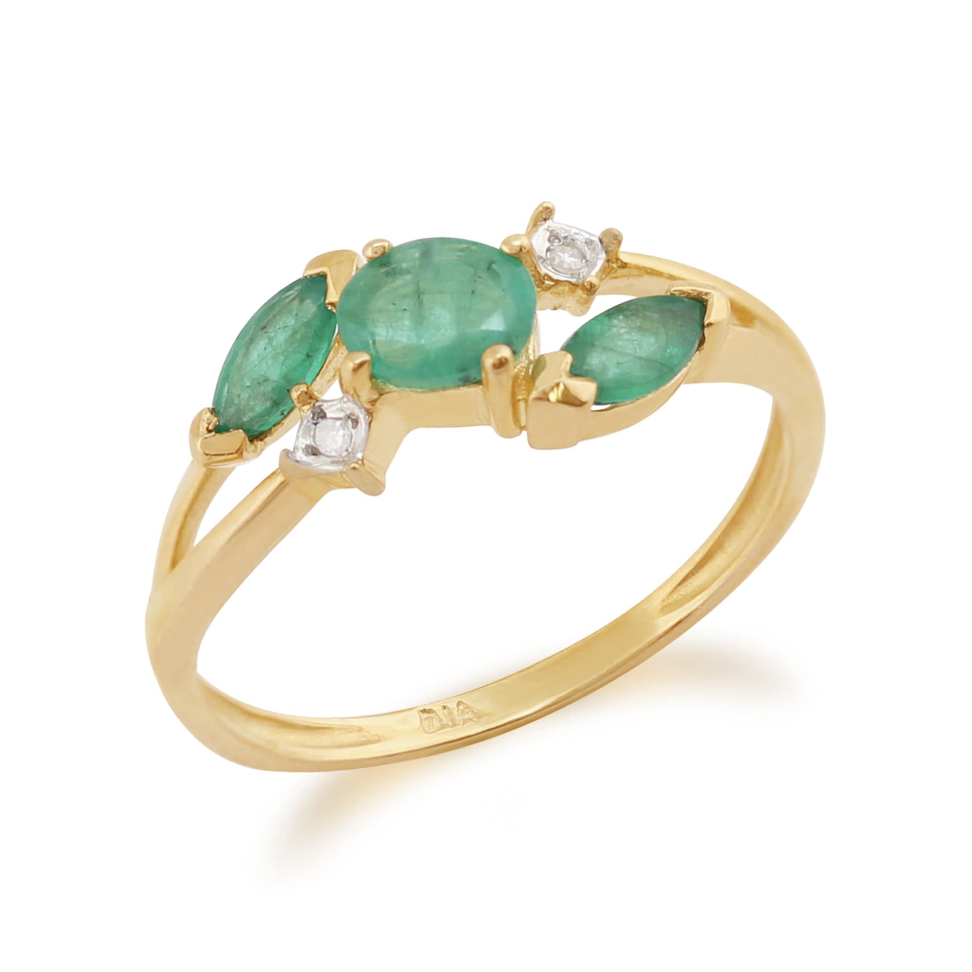 25342 Contemporary Marquise Emerald & Diamond Three Stone Ring in 9ct Yellow Gold 2