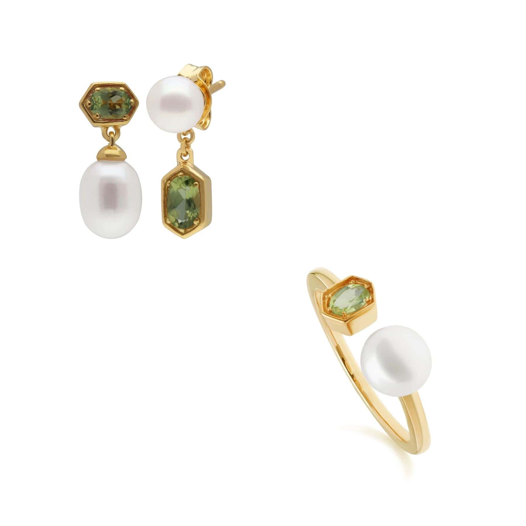 Modern Pearl & Peridot Earring & Ring Set in Gold Plated Silver - Gemondo