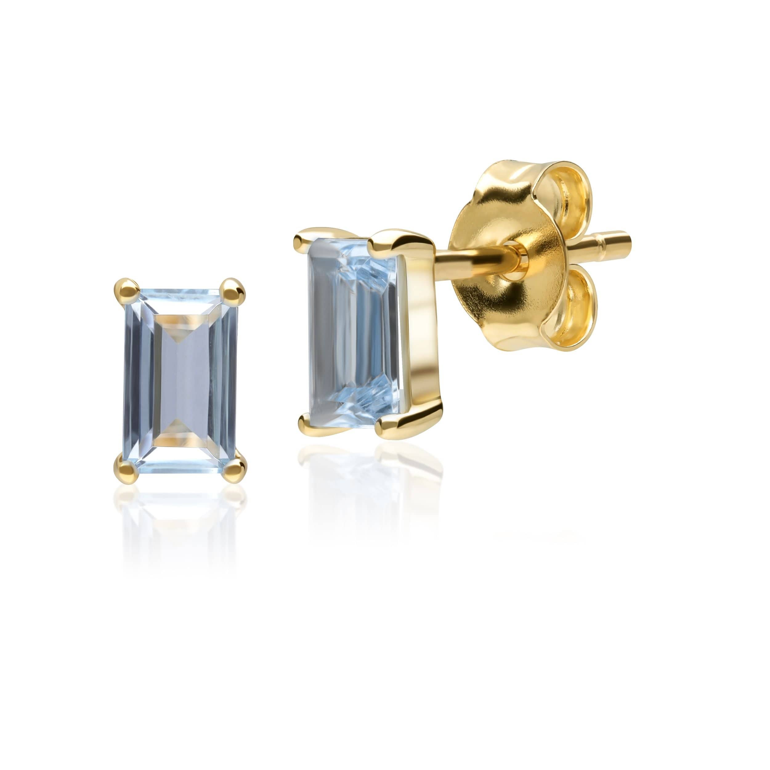 135E1524029 Classic Baguette Blue Topaz Claw Set Stud Earrings in 9ct Yellow Gold 1
