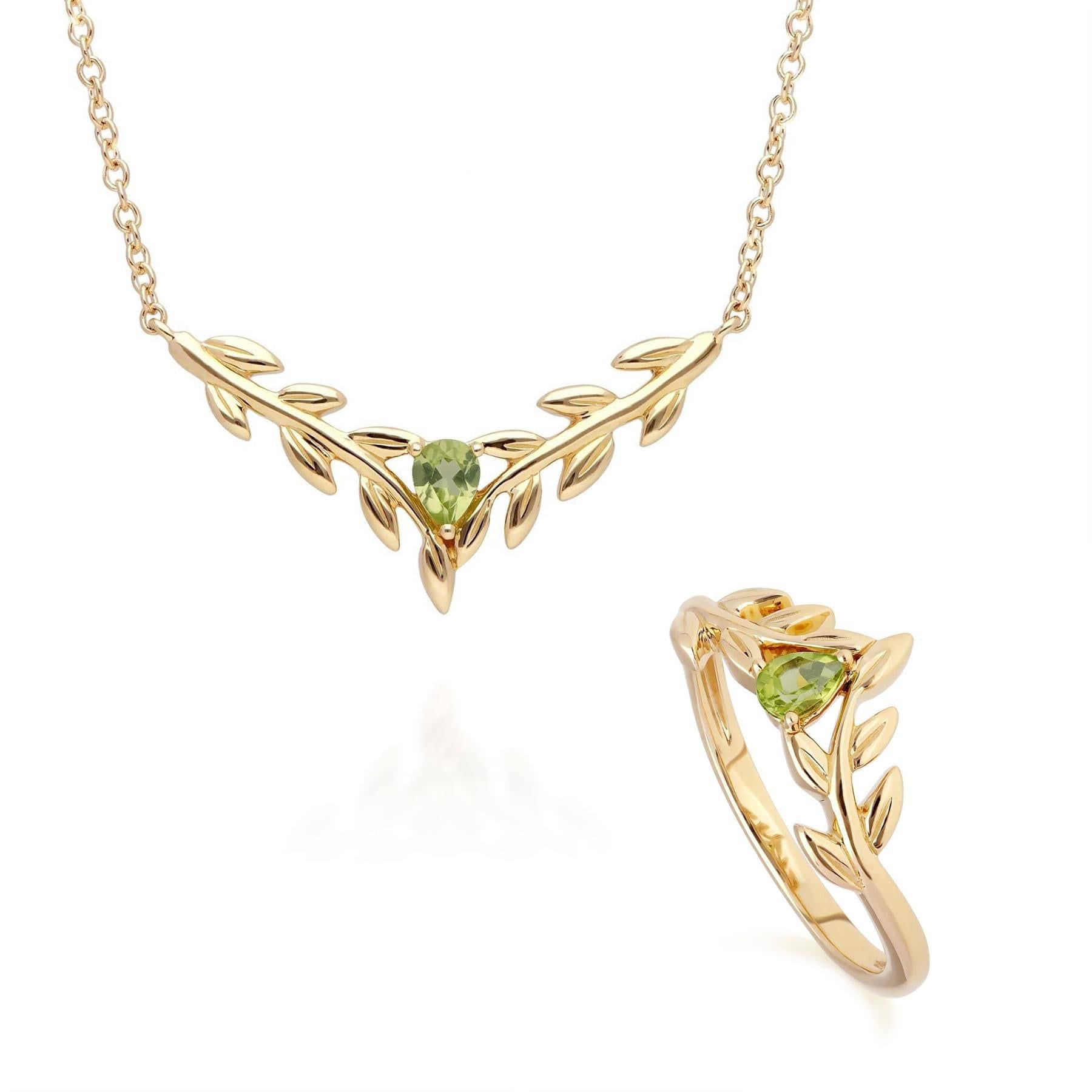 135N0366019-135R1914019 O Leaf Peridot Necklace & Ring Set in 9ct Yellow Gold 1