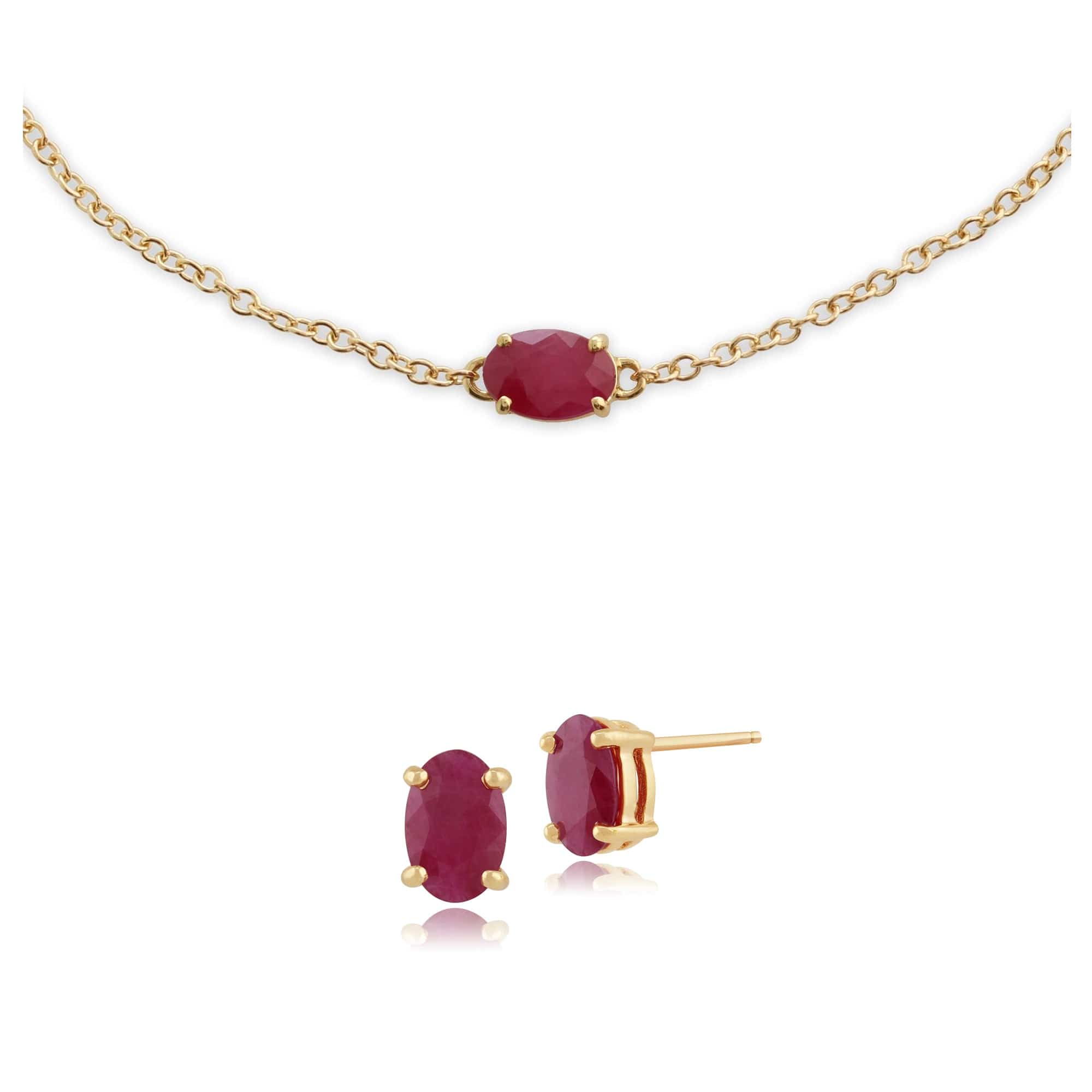 26891-135L0220039 Classic Oval Ruby Single Stone Stud Earrings & Bracelet Set in 9ct Yellow Gold 1