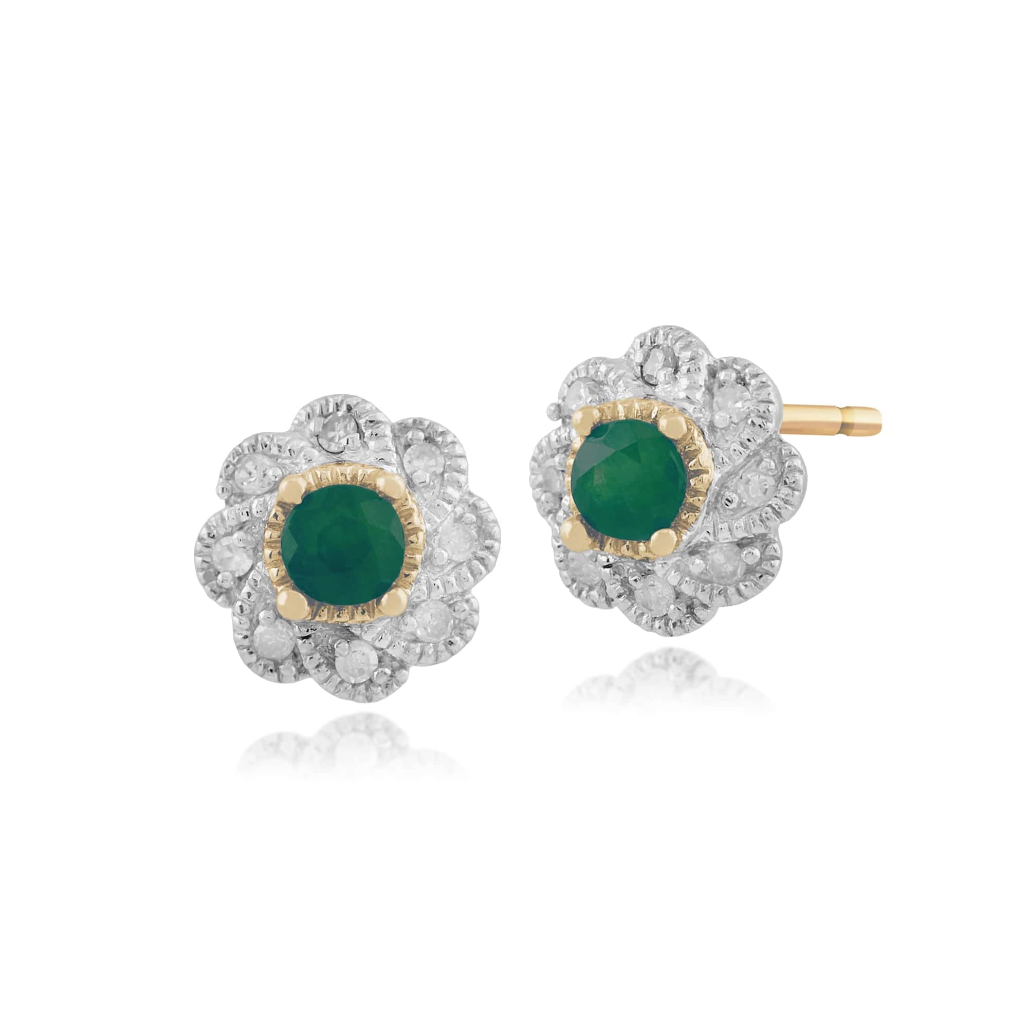 Gemondo 9ct Yellow Gold 0.22ct Emerald & Diamond Floral Stud Earrings Image