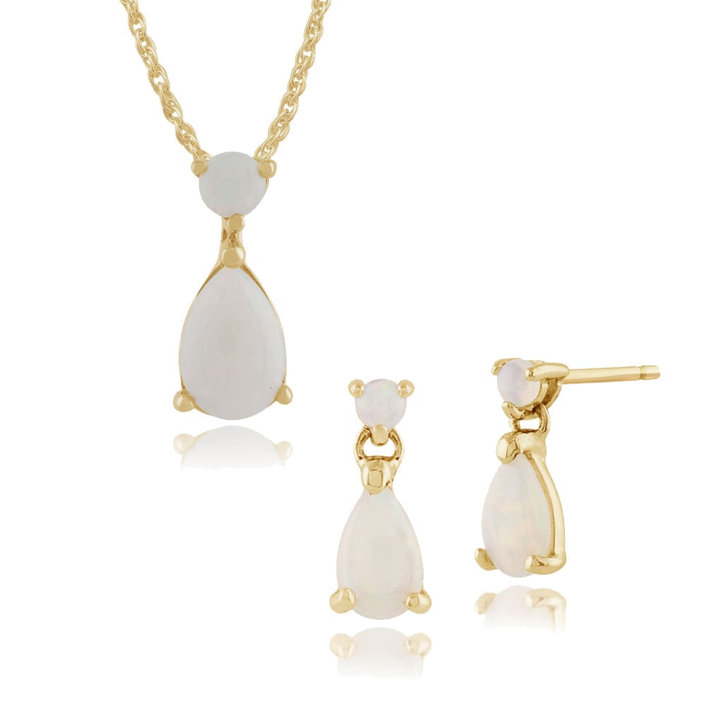 135E1179019-135P1575019 Classic Pear Opal Cabochon Drop Earrings & Pendant Set in 9ct Yellow Gold 1
