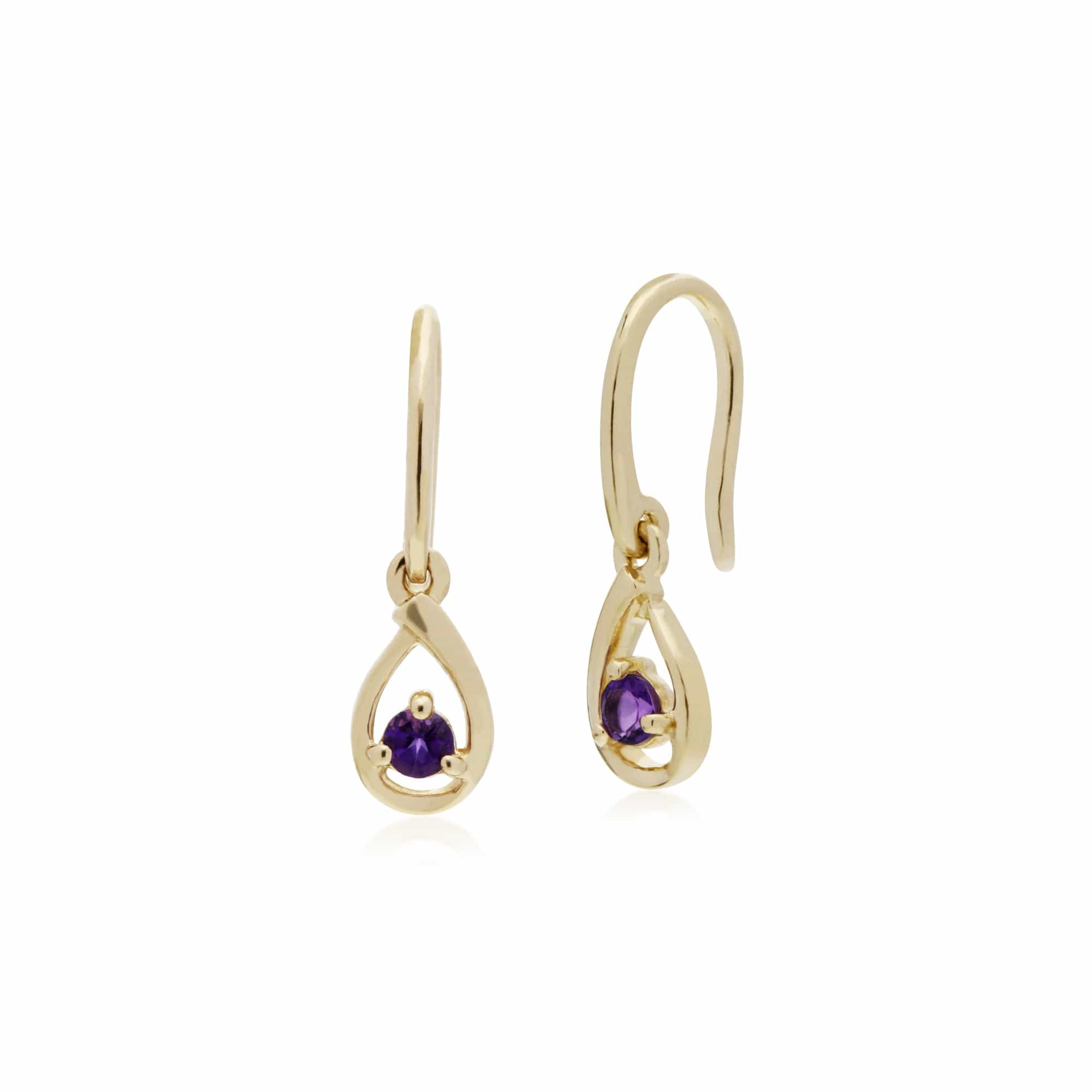 135E1190059 Classic Single Stone Round Amethyst Tear Drop Earrings in 9ct Yellow Gold 1