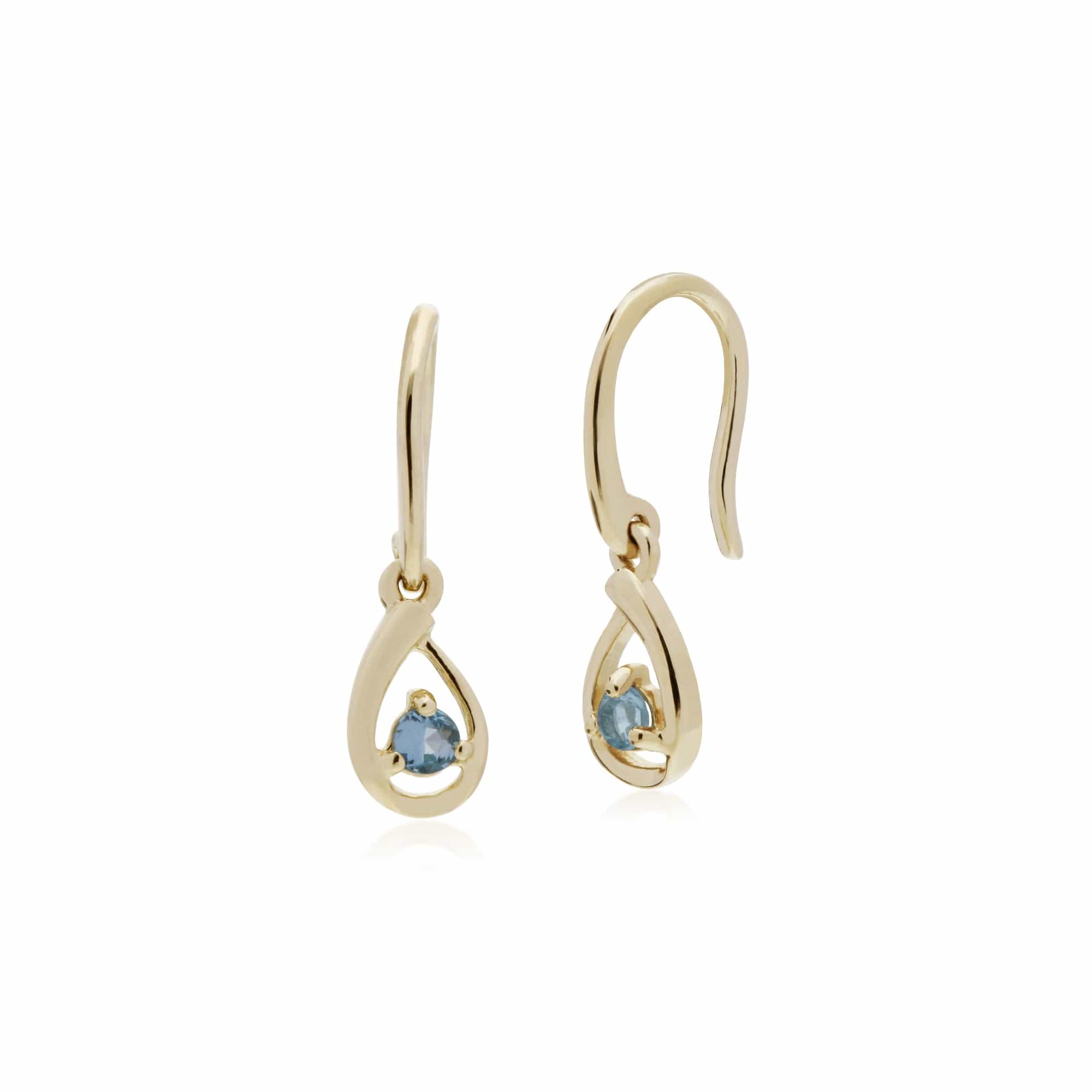 135E1190099 Classic Single Stone Round Swiss Blue Topaz Tear Drop Earrings in 9ct Yellow Gold 1