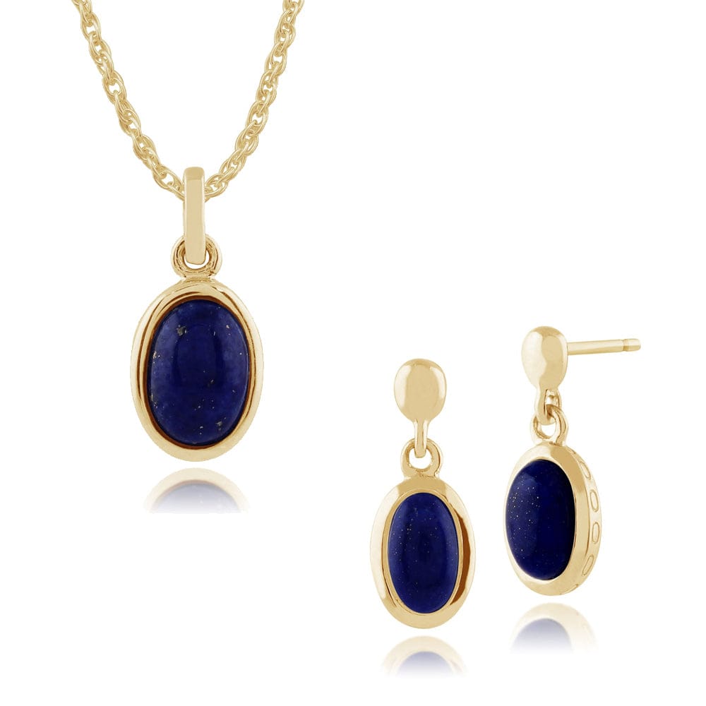 135E1203029-135P1566029 Classic Oval Lapis Lazuli Bezel Drop Earrings & Pendant Set in 9ct Yellow Gold 1