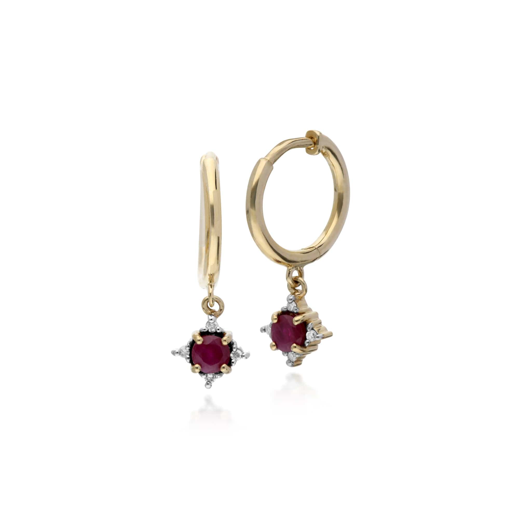 135E1215029 Classic Round Ruby & Diamond Hinged Hoop Earrings in 9ct Yellow Gold 1