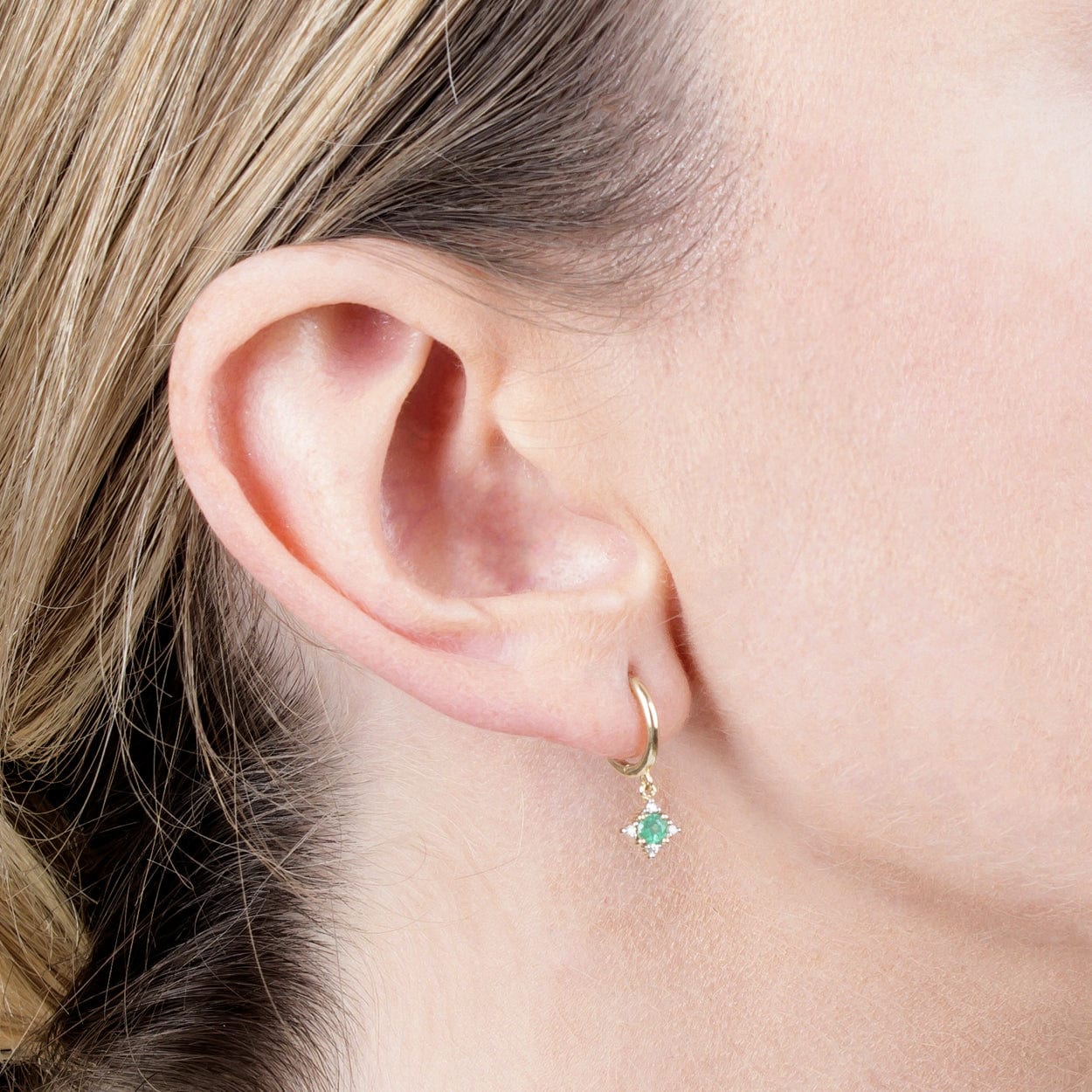 135E1215019 Classic Round Emerald & Diamond Hoop Earrings in 9ct Yellow Gold 2