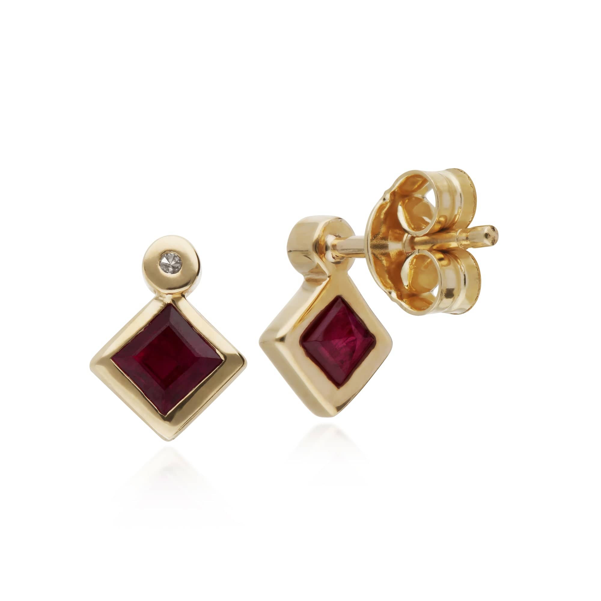 135E1224029 Geometric Square Ruby & Diamond Stud Earrings in 9ct Yellow Gold 2