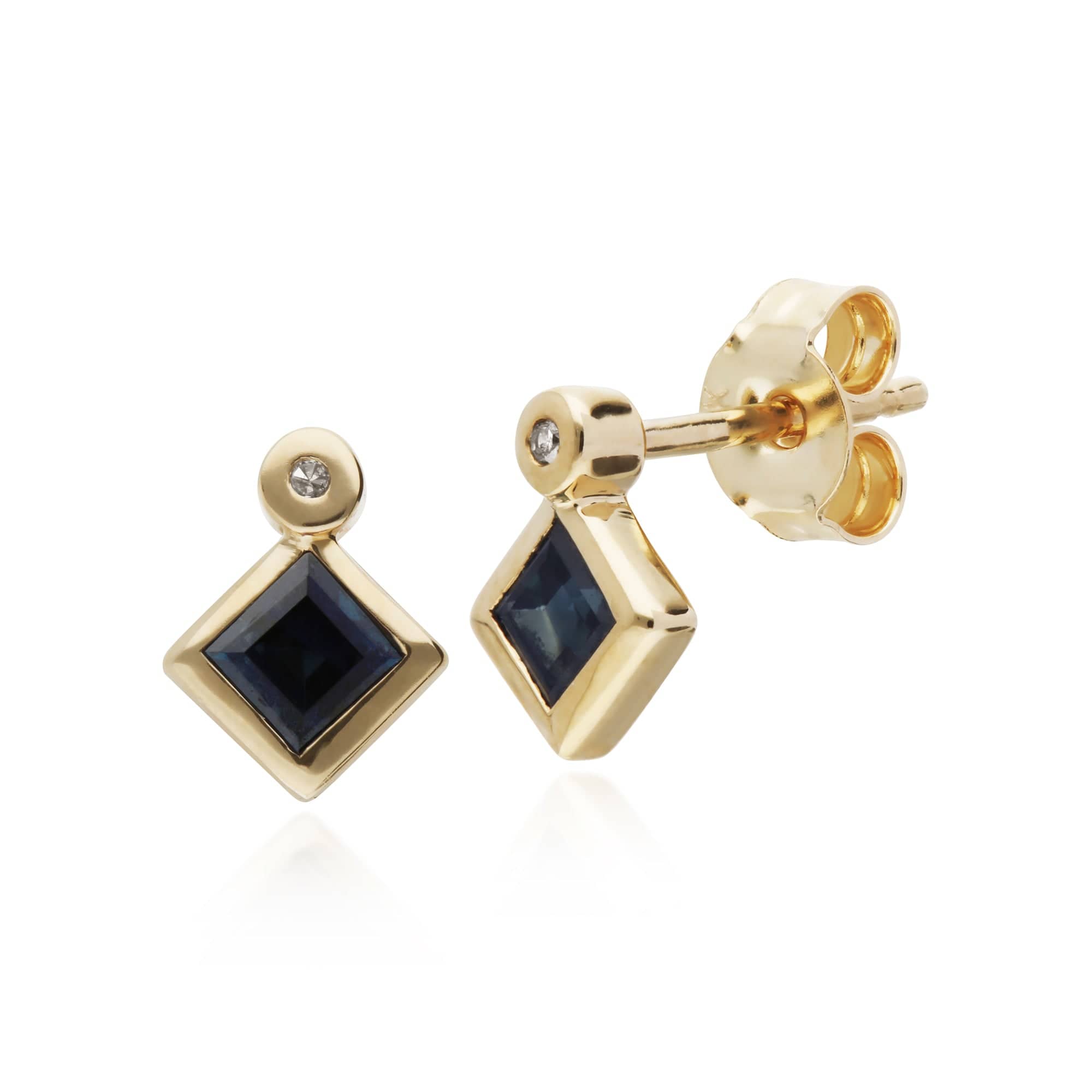 135E1224039 Geometric Square Sapphire & Diamond Stud Earrings in 9ct Yellow Gold 1