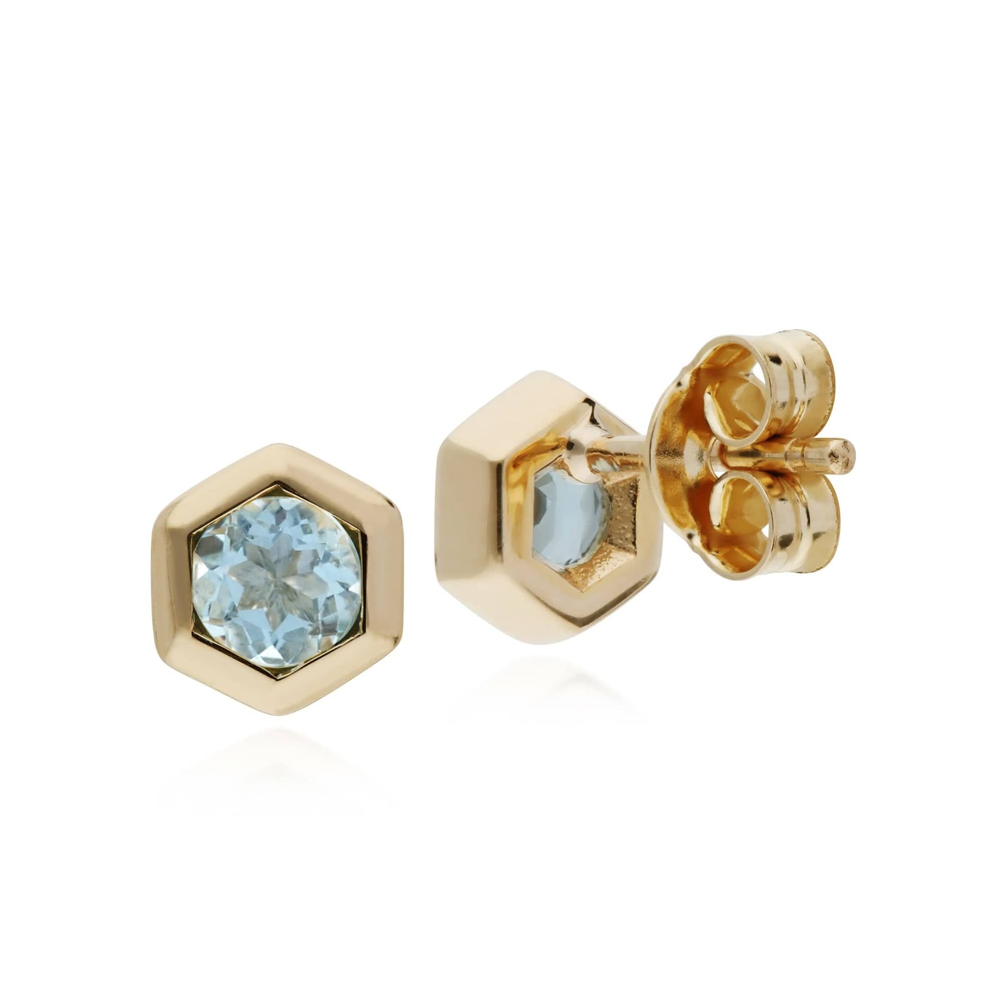 135E1241049 Geometric Hexagon 9ct Yellow Gold Aquamarine Stud Earrings 2