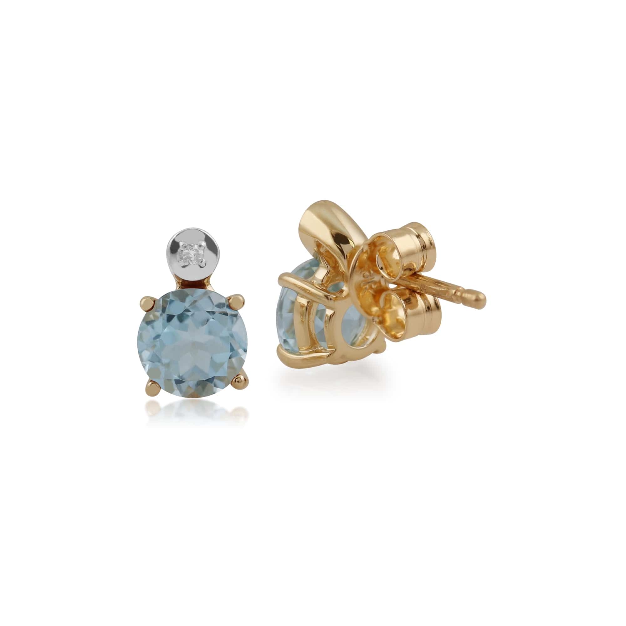 135E1265069 Classic Round Blue Topaz & Diamond Stud Earrings in 9ct Yellow Gold 2
